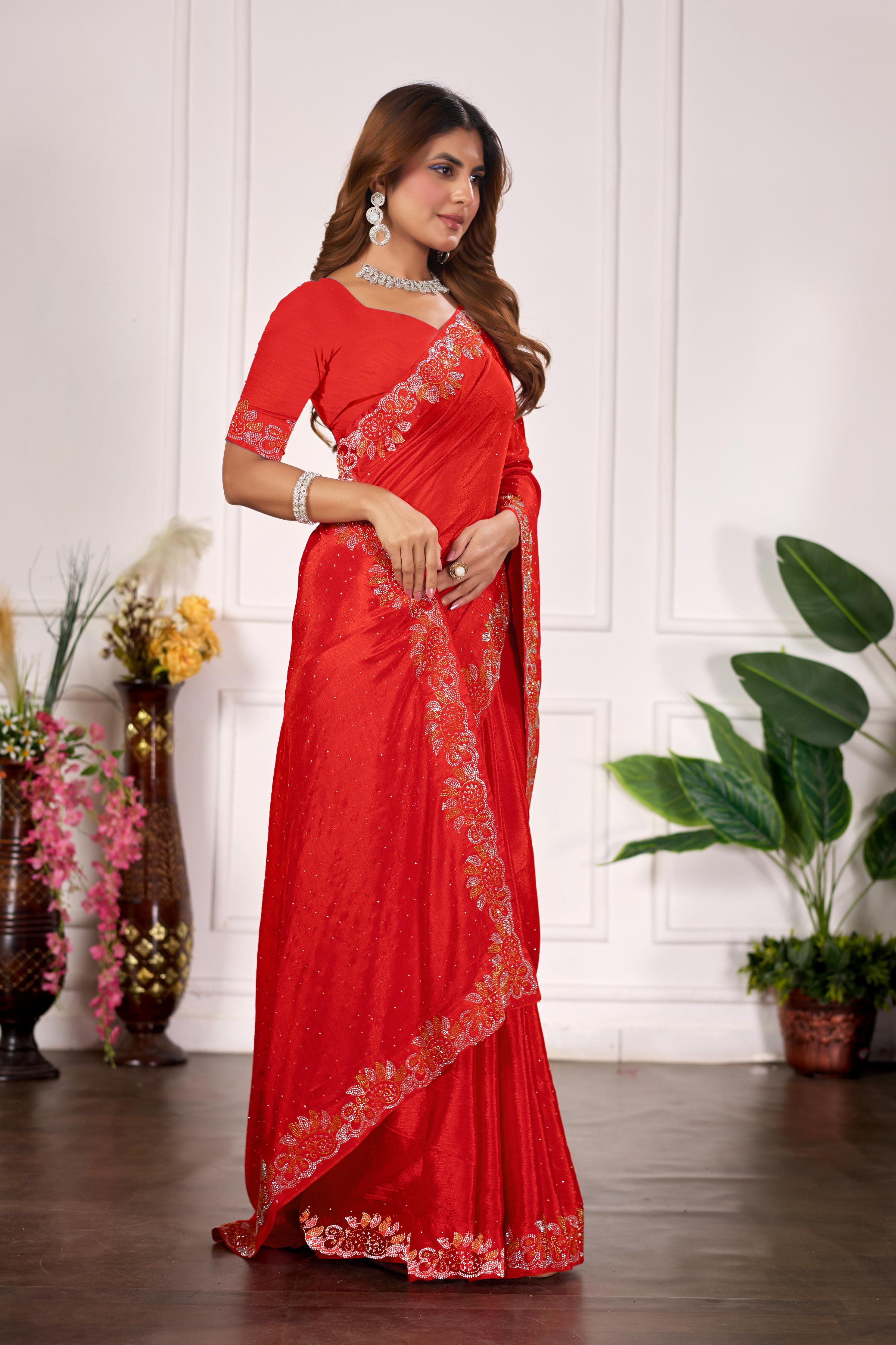 Red Diamond Work Georgette Designer Saree