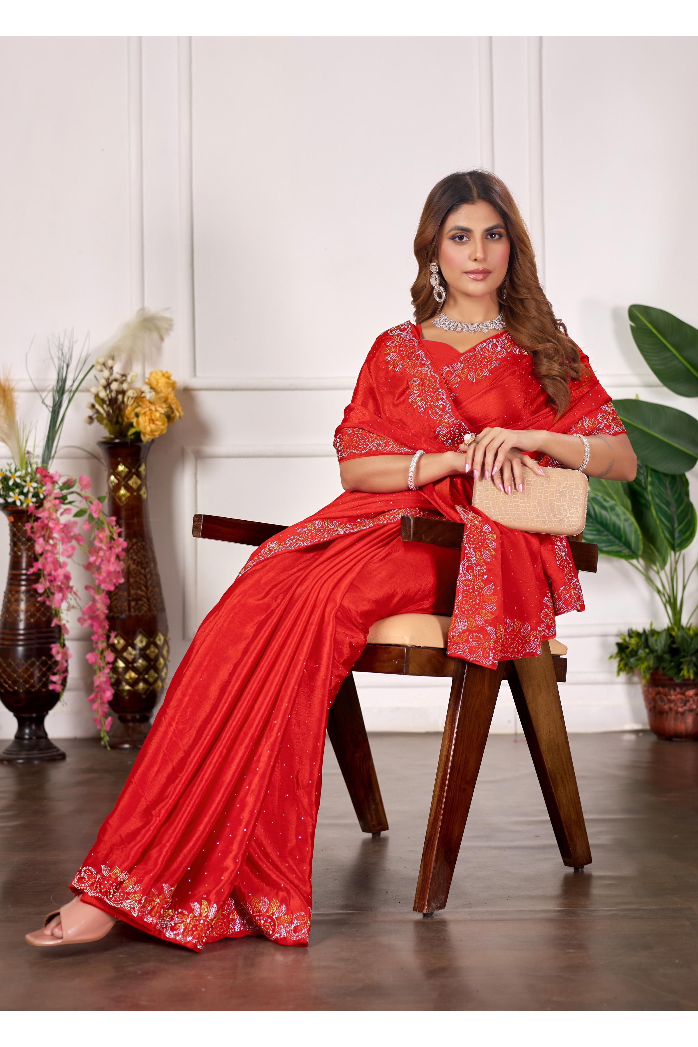 Red Diamond Work Georgette Designer Saree