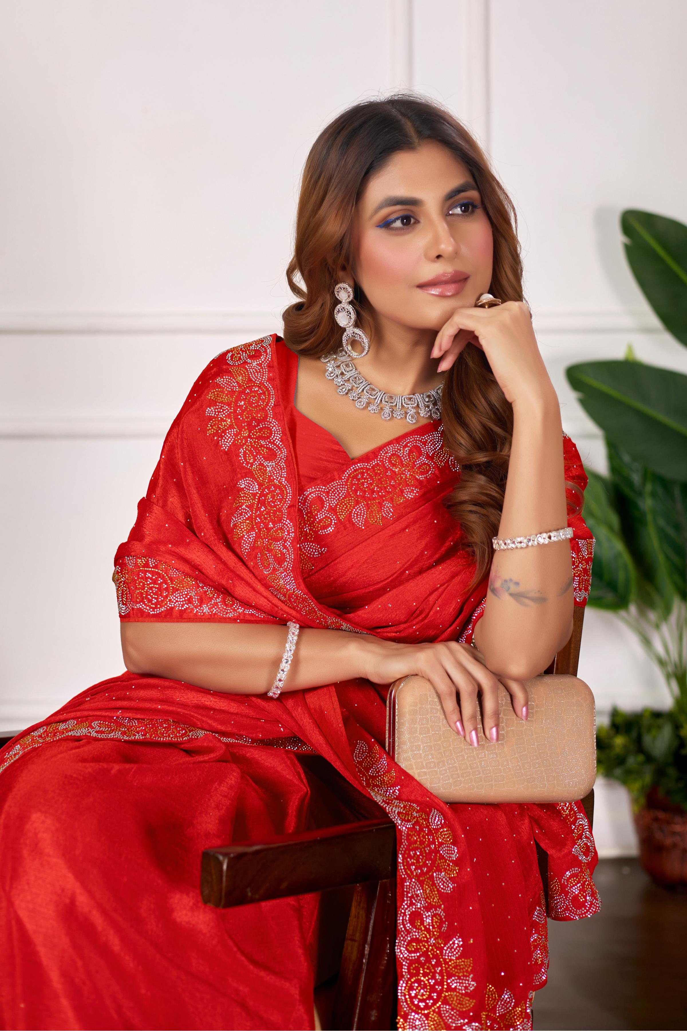 Red Diamond Work Georgette Designer Saree