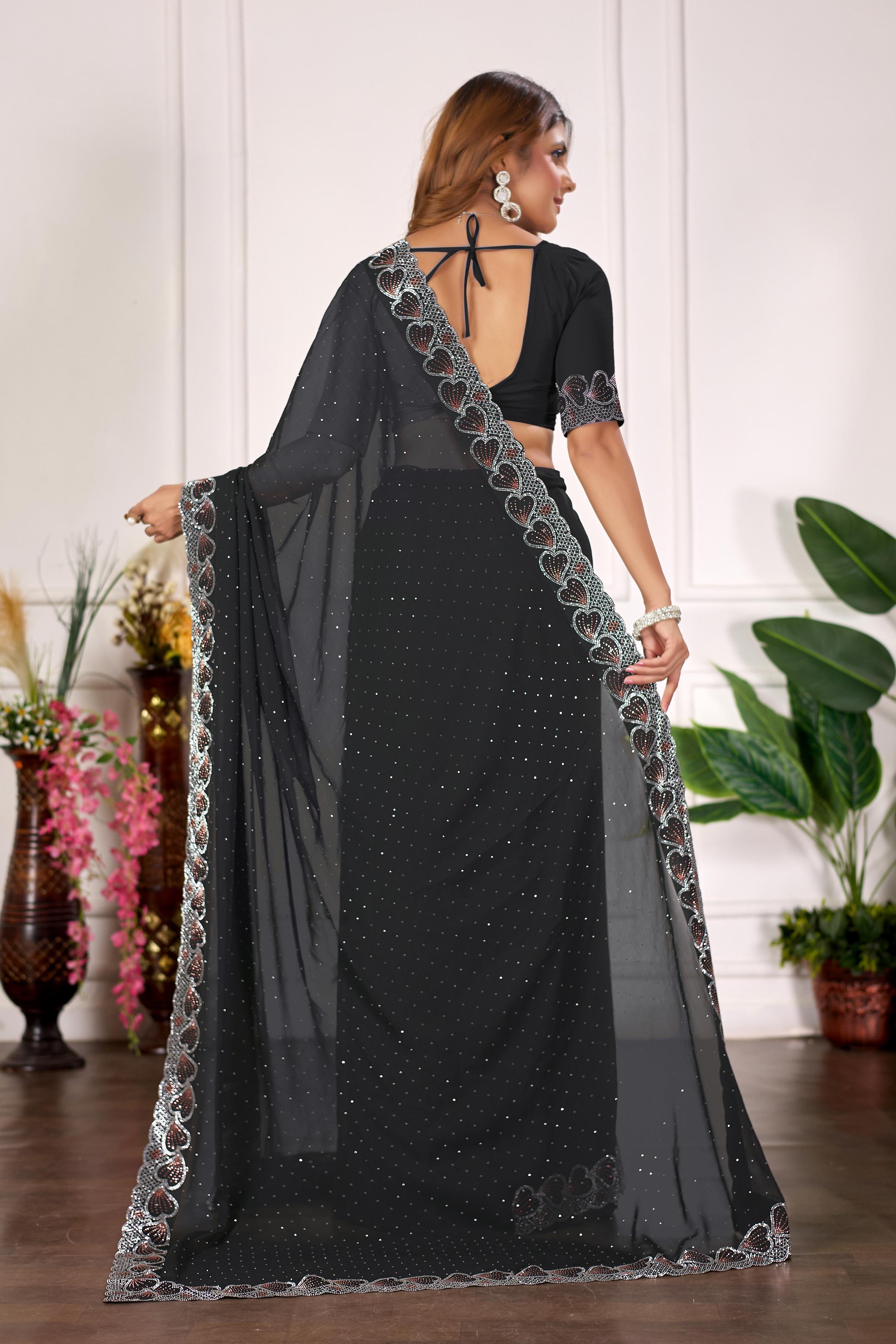 Black Heart Border Diamond Work Chiffon Saree