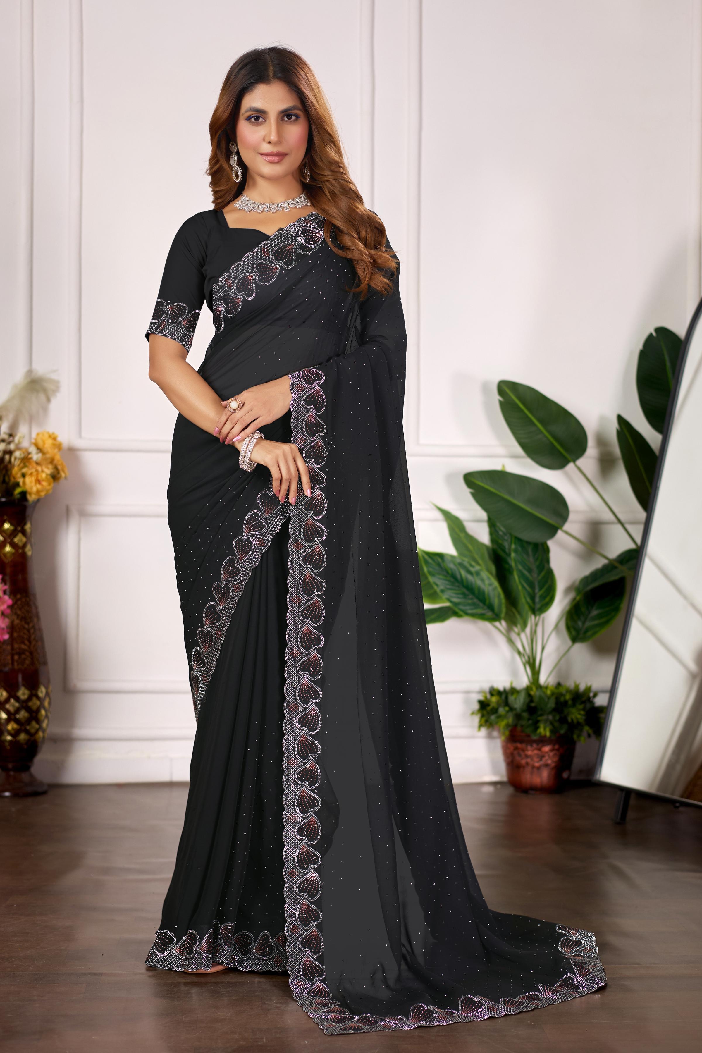 Black Heart Border Diamond Work Chiffon Saree