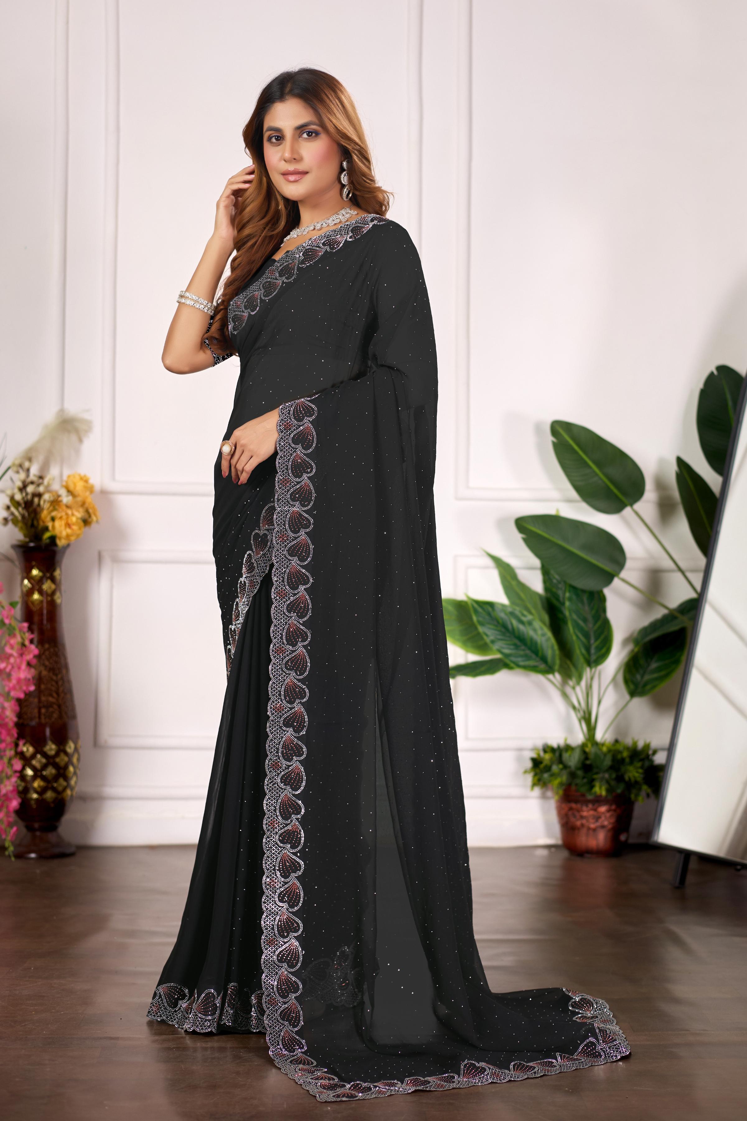 Black Heart Border Diamond Work Chiffon Saree