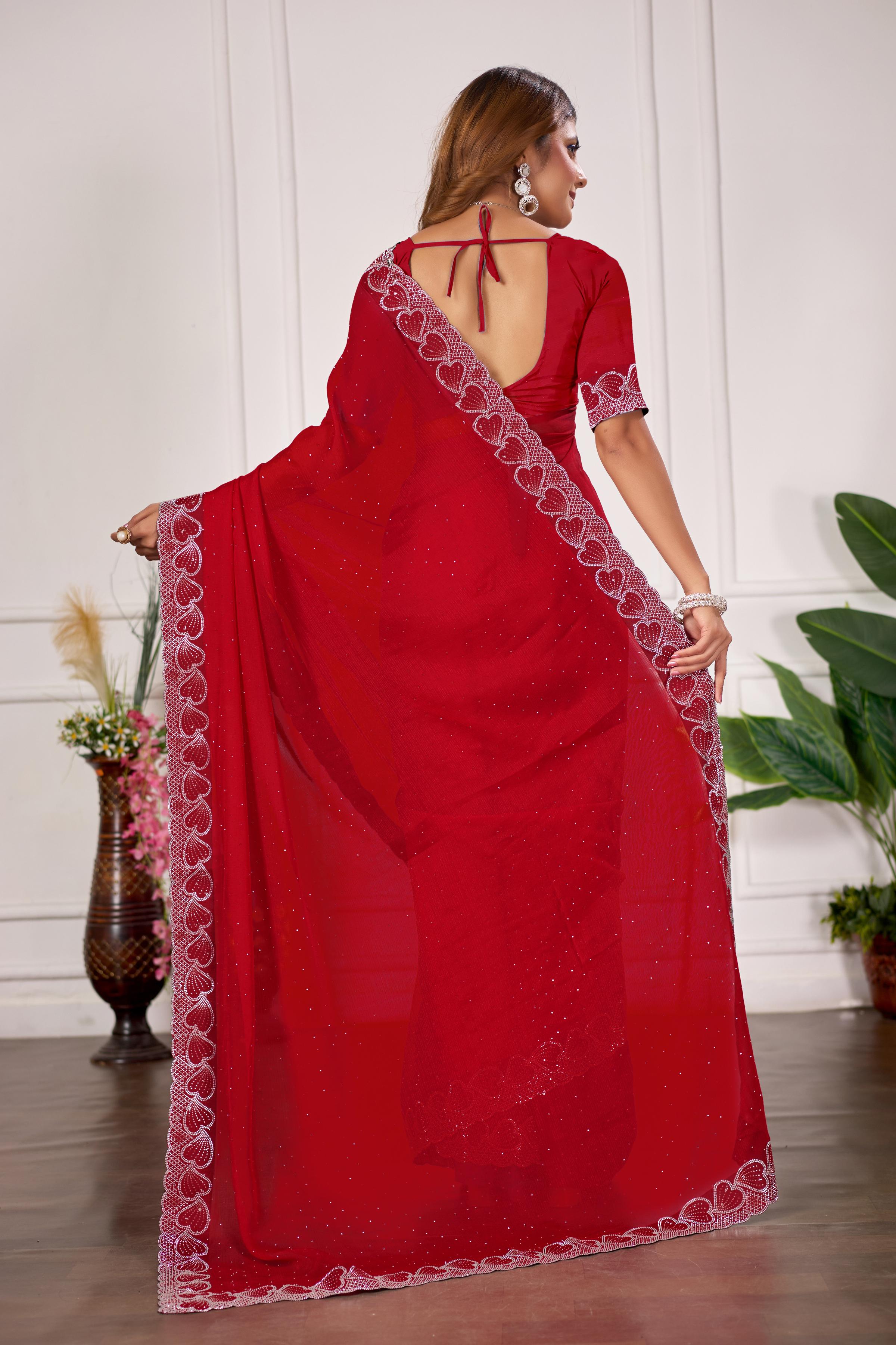 Red Heart Border Diamond Work Chiffon Saree