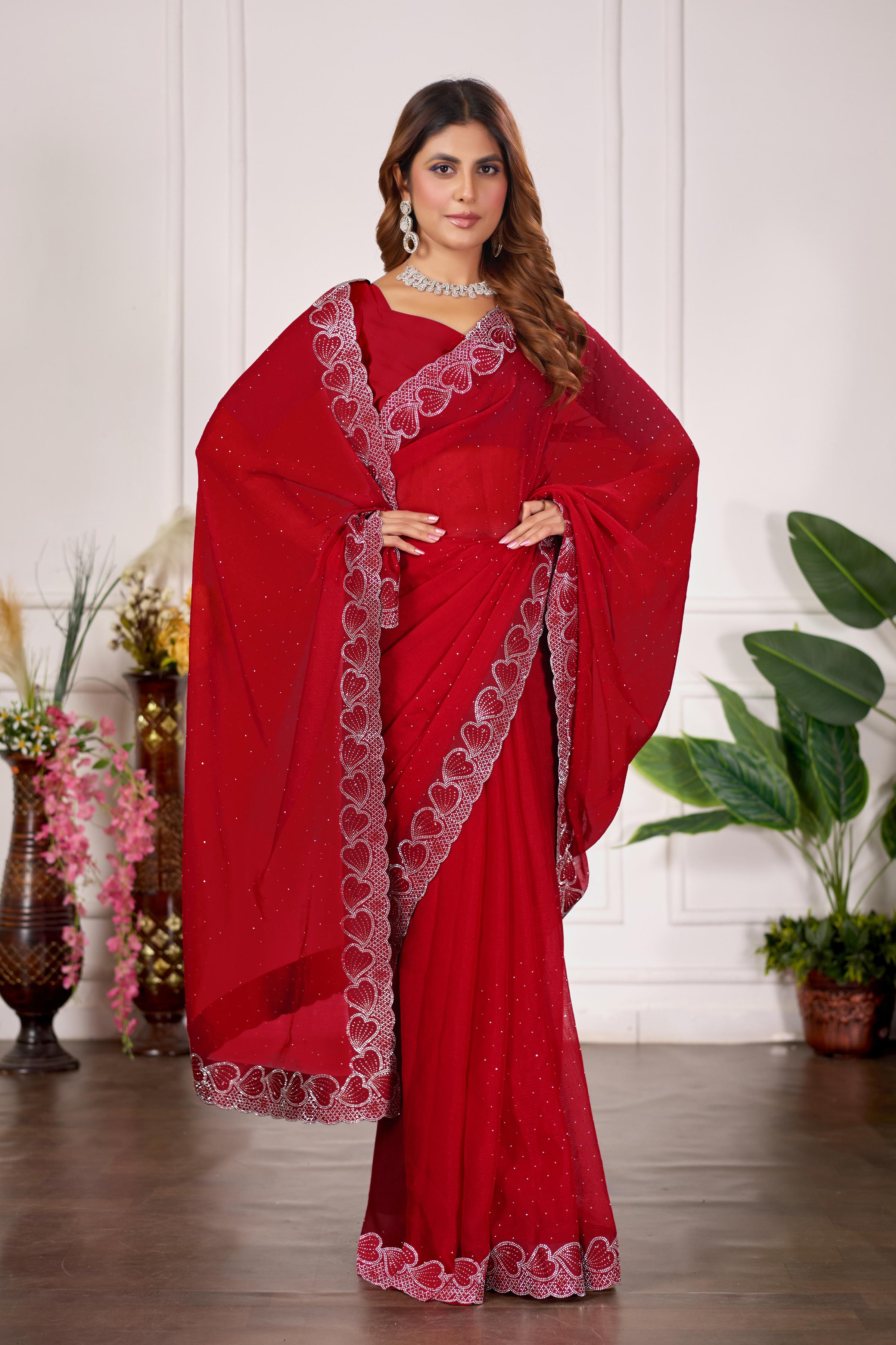 Red Heart Border Diamond Work Chiffon Saree