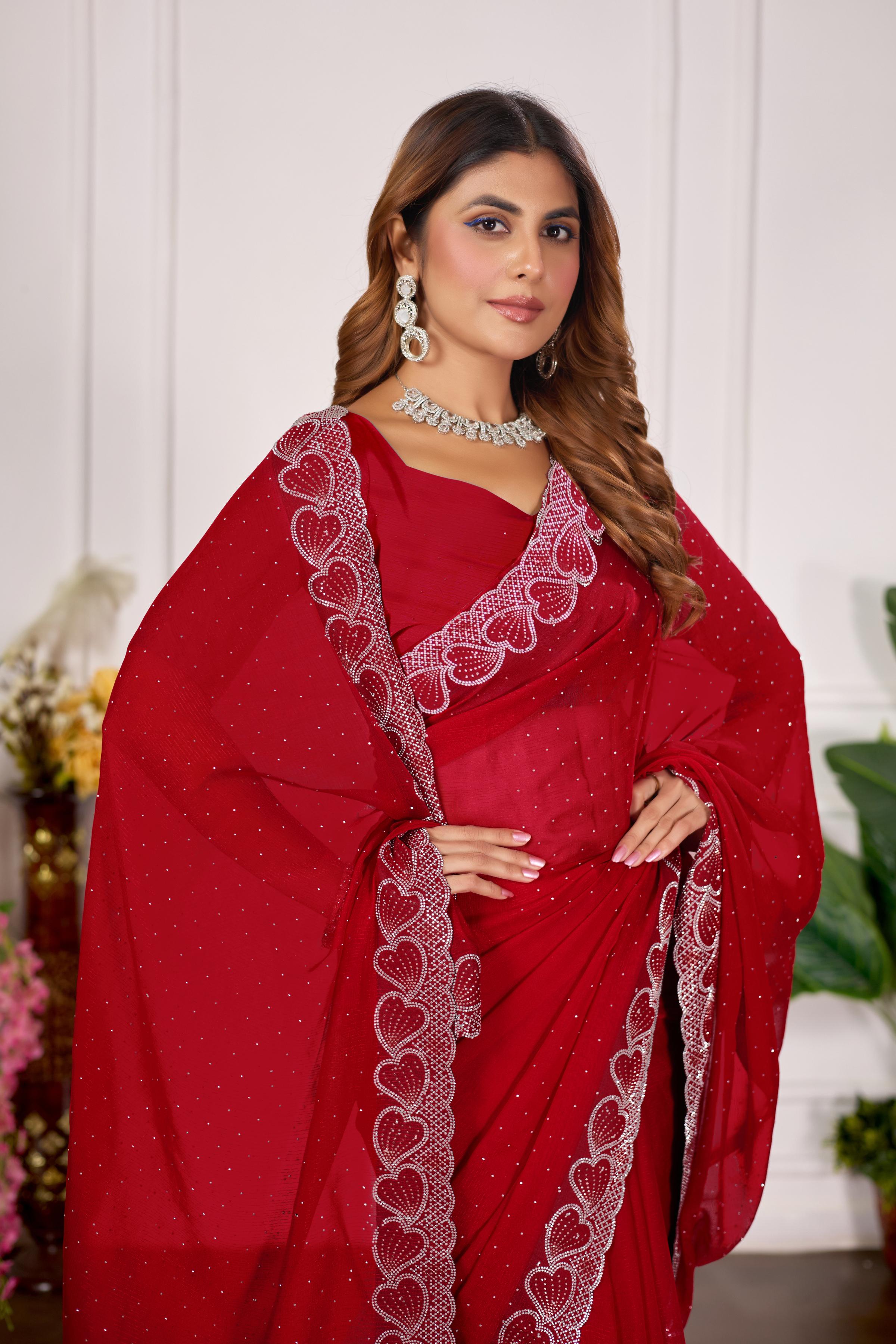 Red Heart Border Diamond Work Chiffon Saree