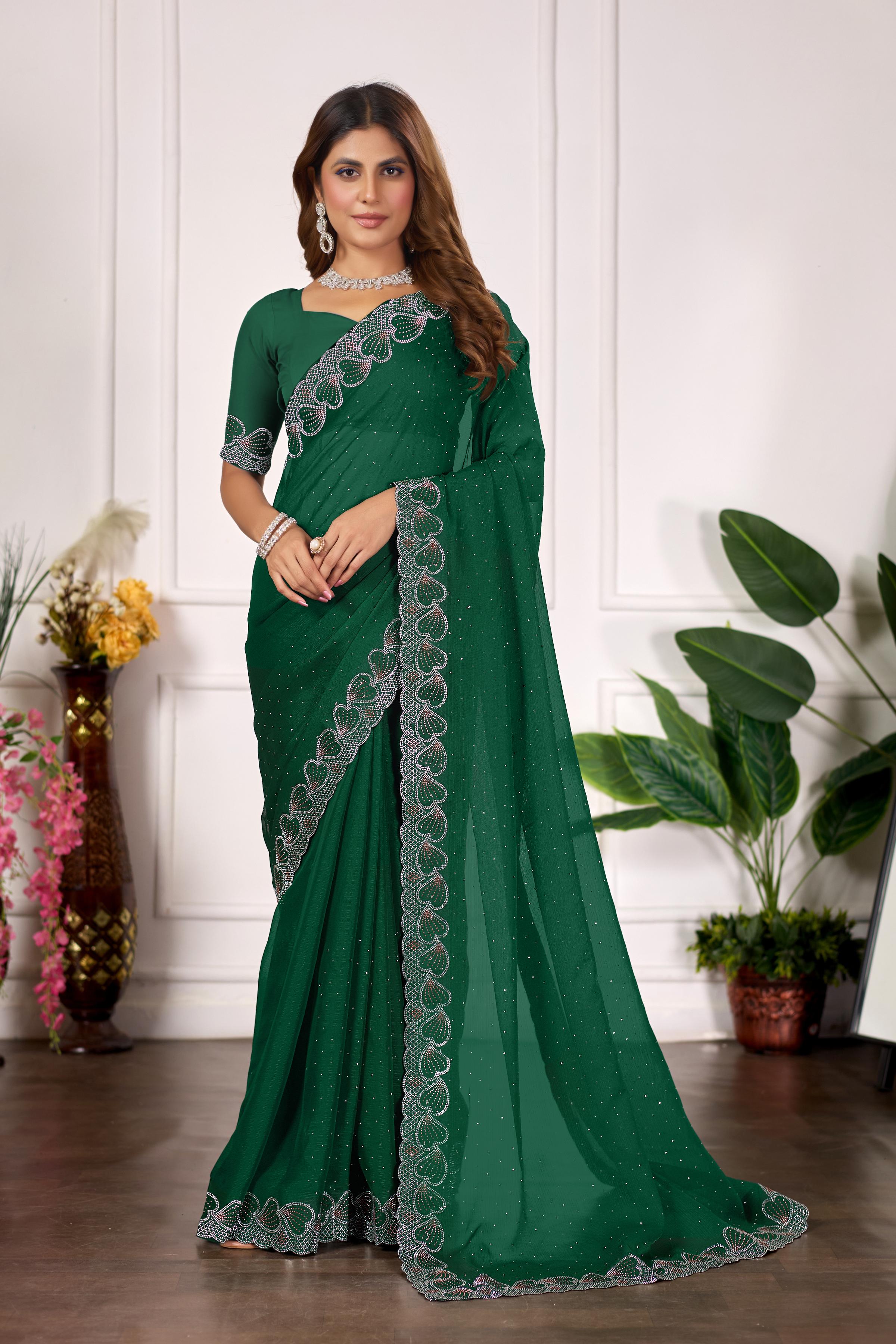 Bottle Green Heart Border Diamond Work Chiffon Saree