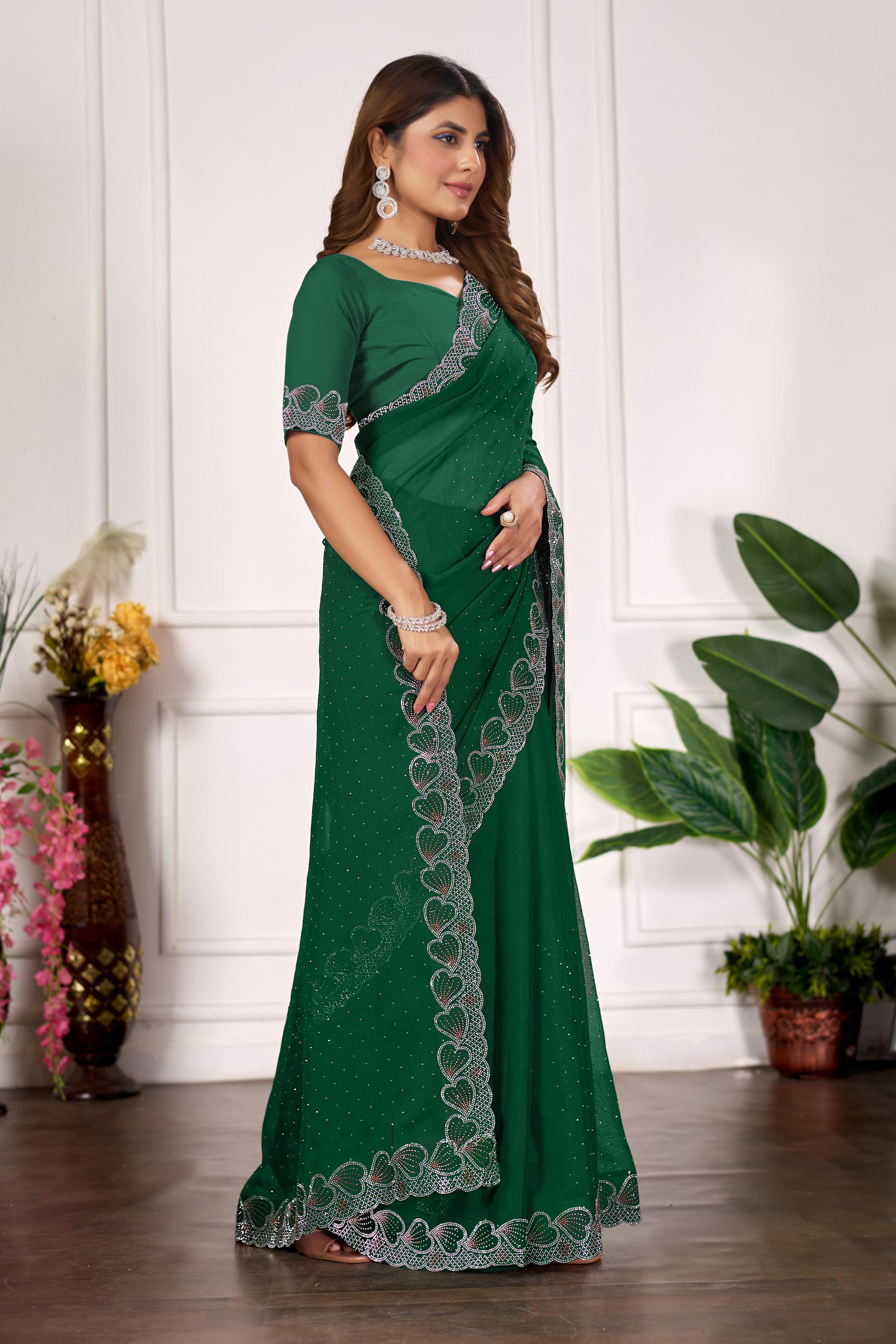 Bottle Green Heart Border Diamond Work Chiffon Saree