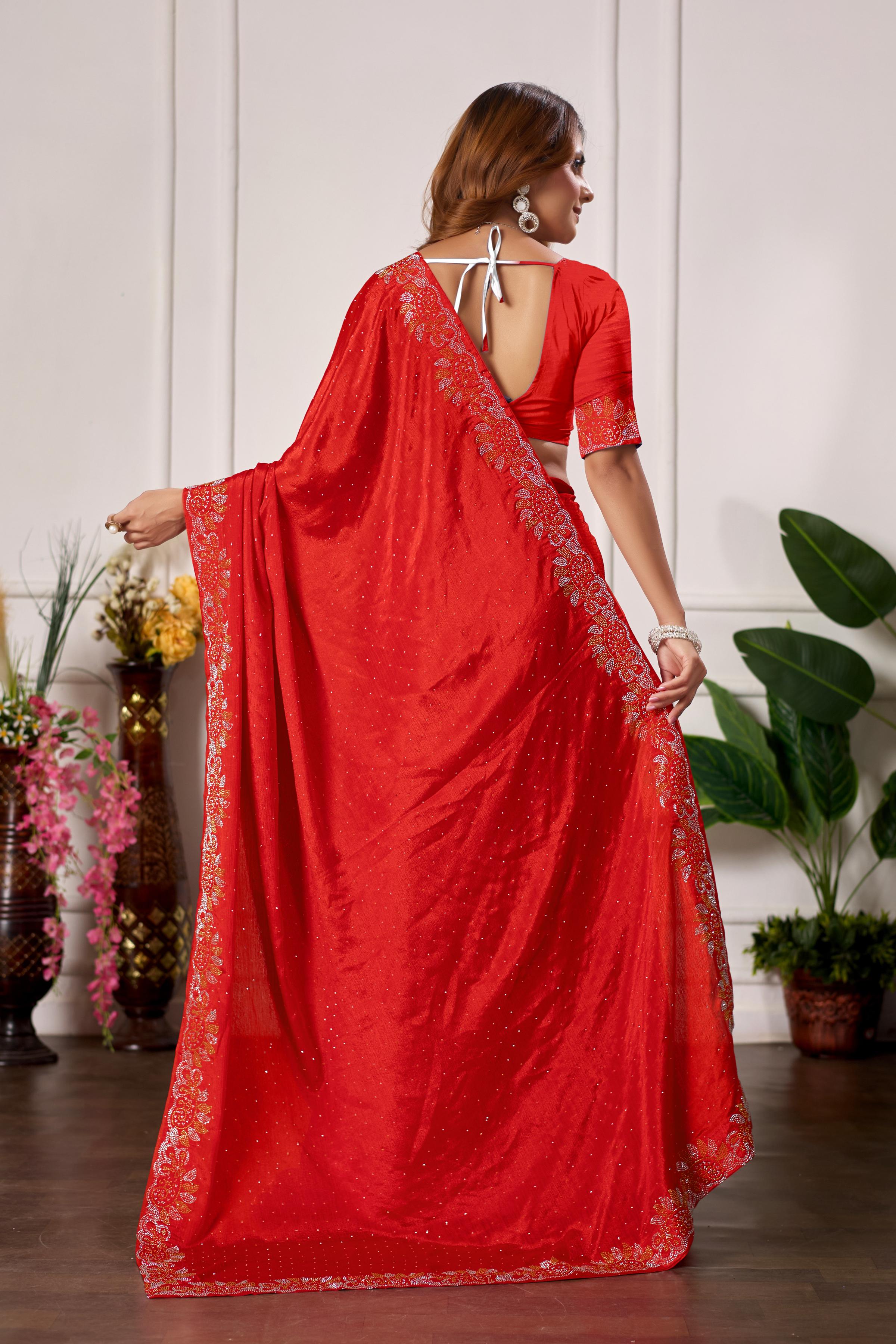 Red Diamond Work Georgette Designer Saree