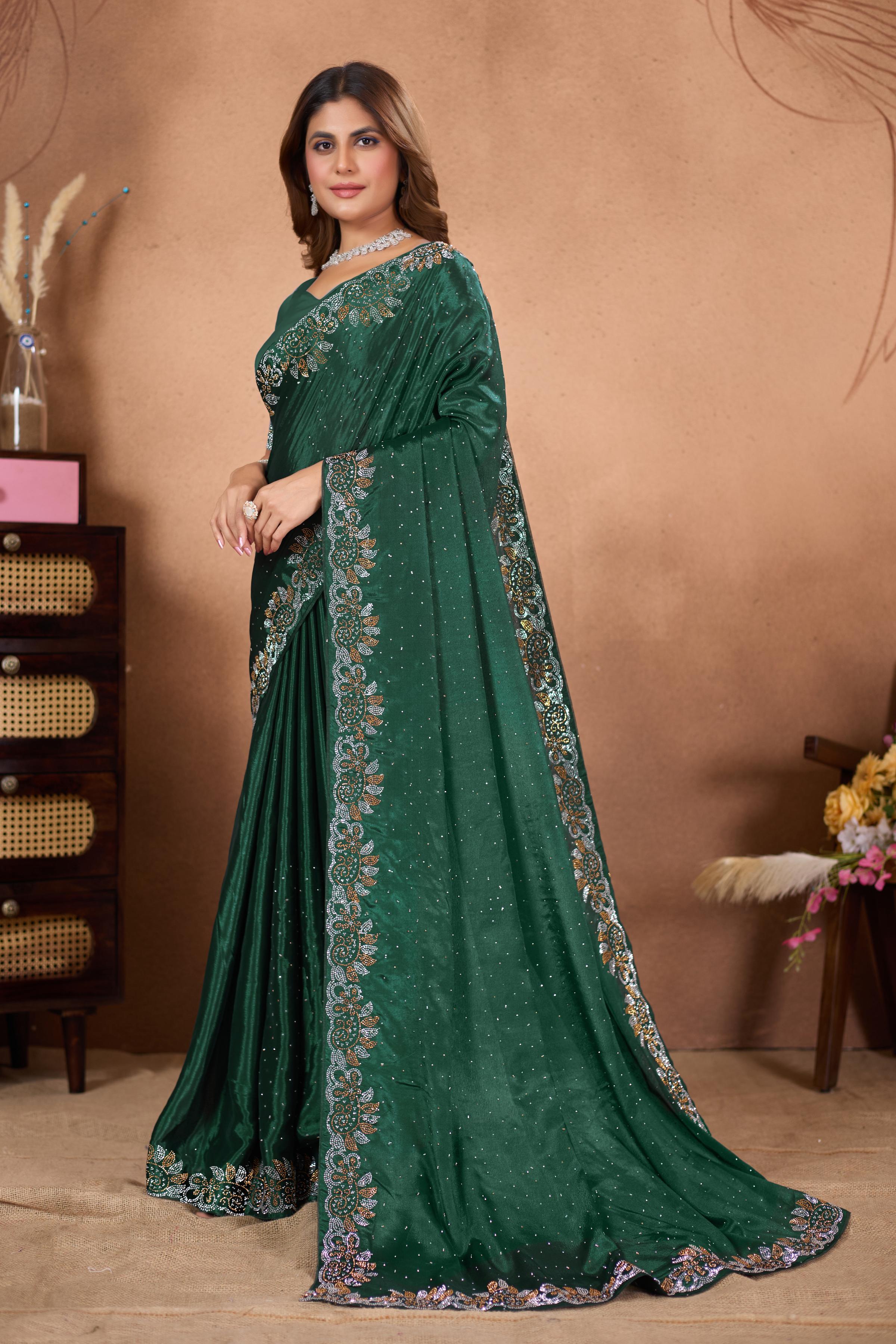 Bottle Green Diamond Work Georgette Designer Saree