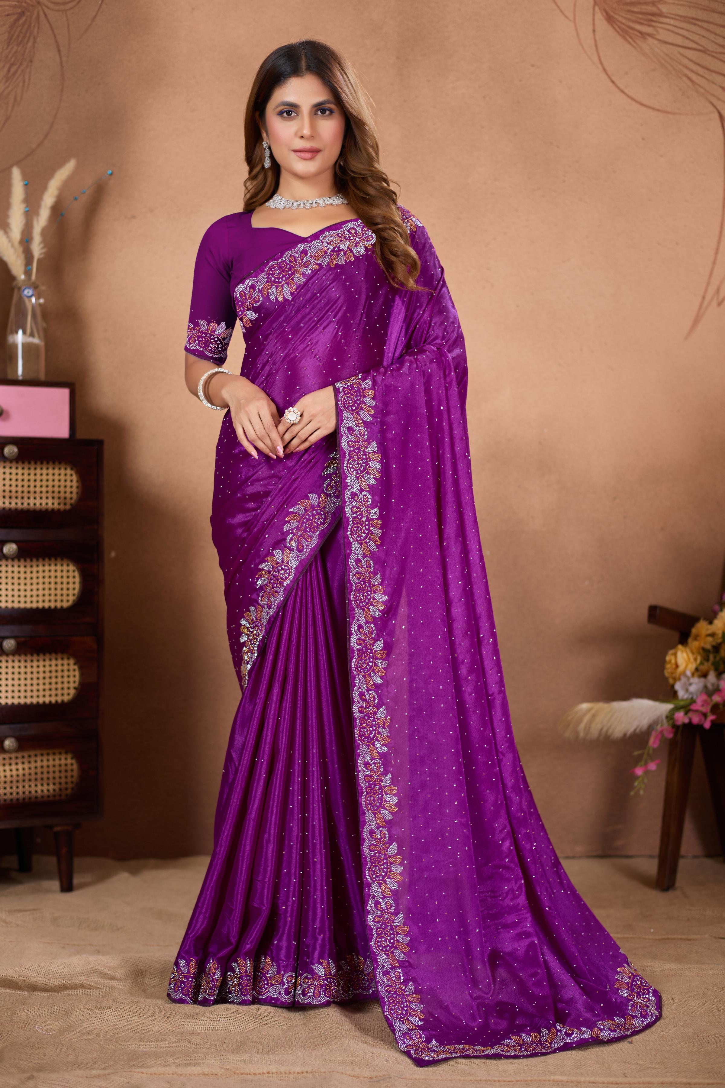 Magenta Diamond Work Georgette Designer Saree