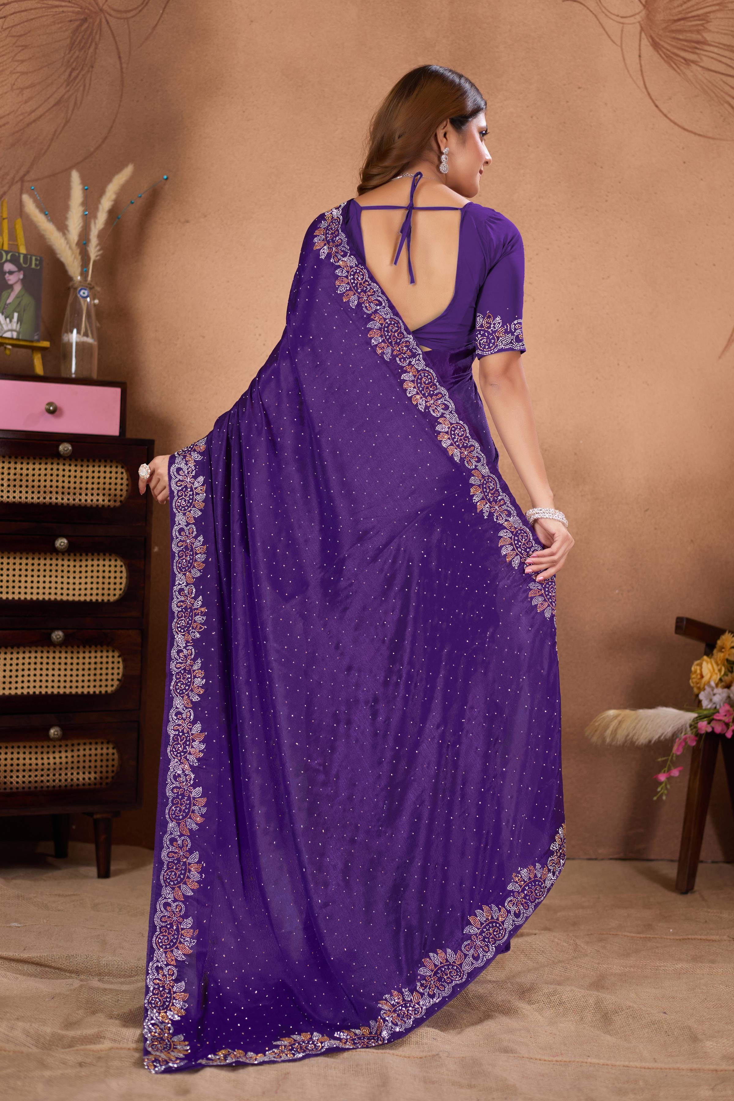 Purple Diamond Work Georgette Designer Saree