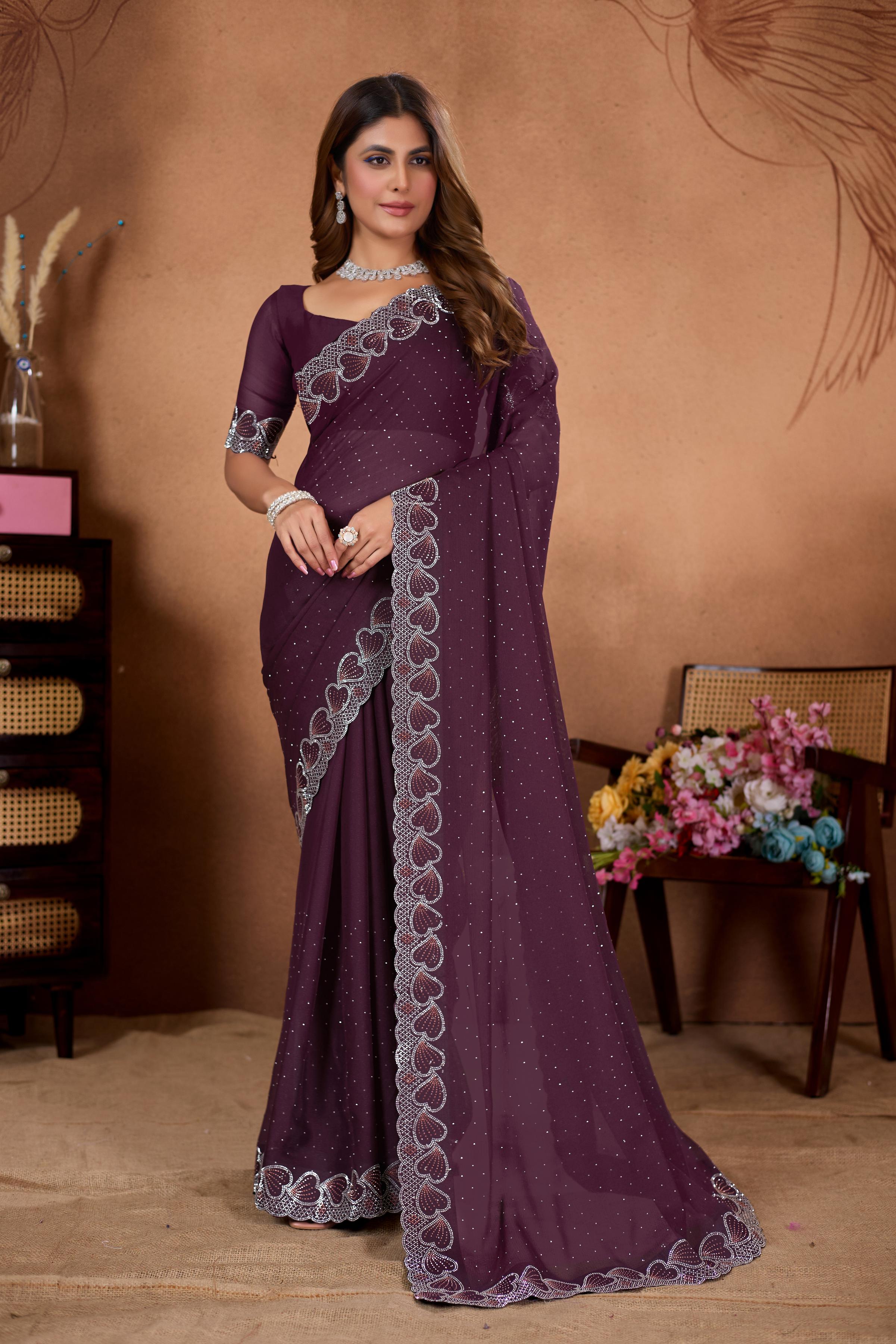 Wine Heart Border Diamond Work Chiffon Saree