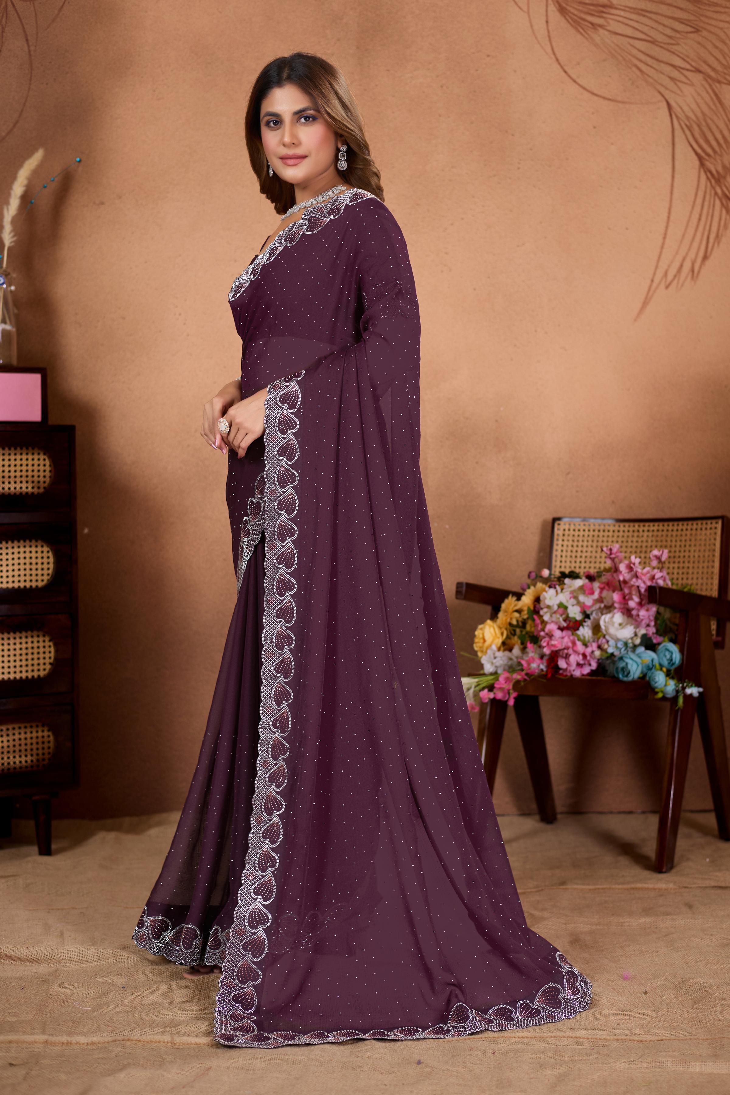 Wine Heart Border Diamond Work Chiffon Saree