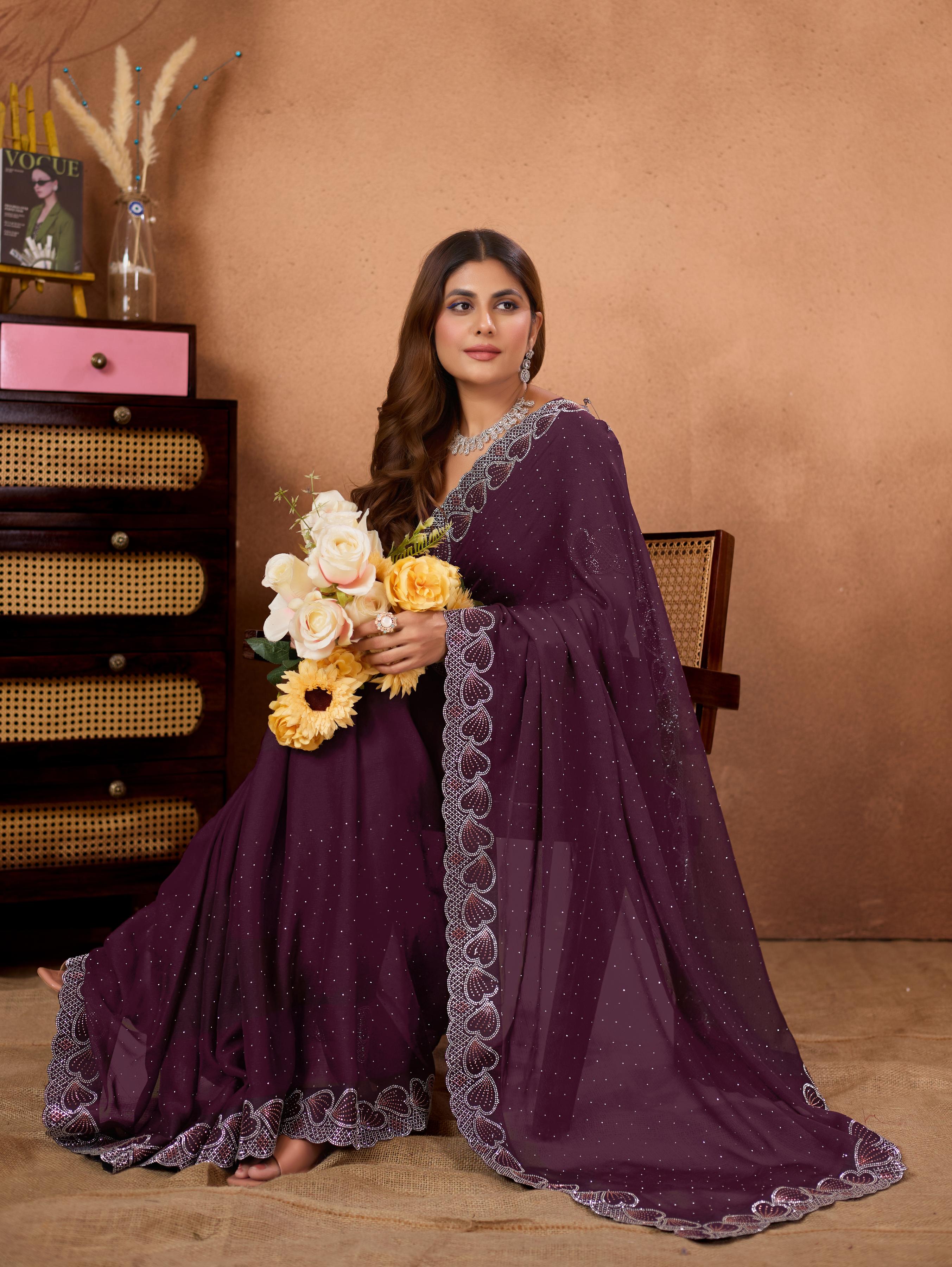 Wine Heart Border Diamond Work Chiffon Saree