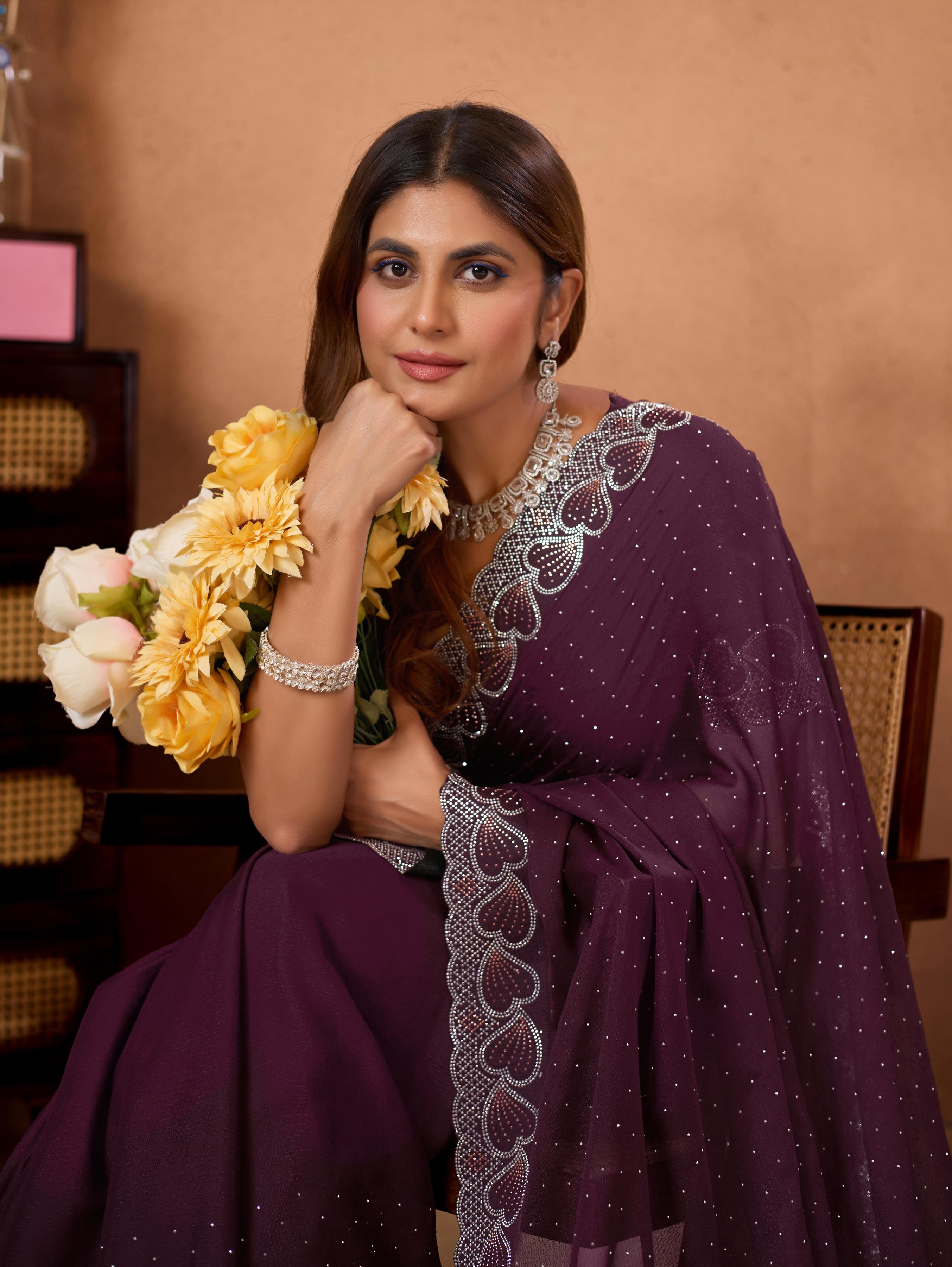 Wine Heart Border Diamond Work Chiffon Saree
