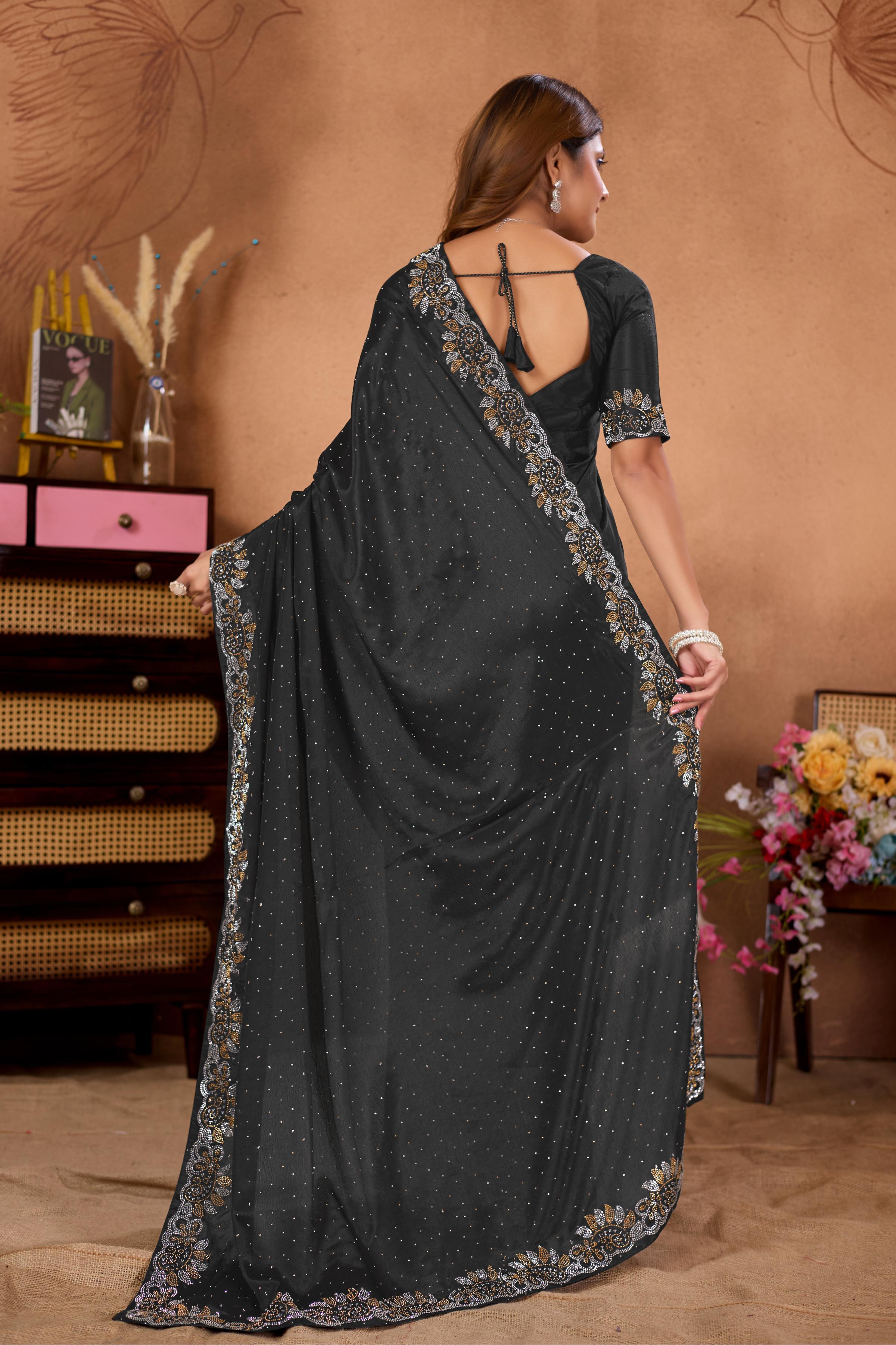 Black Diamond Work Georgette Designer Saree