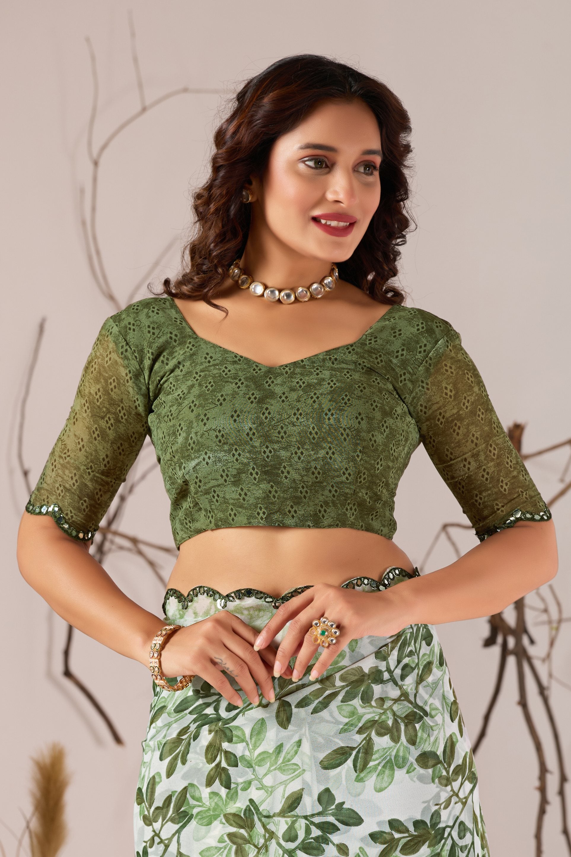 Green Georgette Leaf Print With Mirror Cutwork Saree