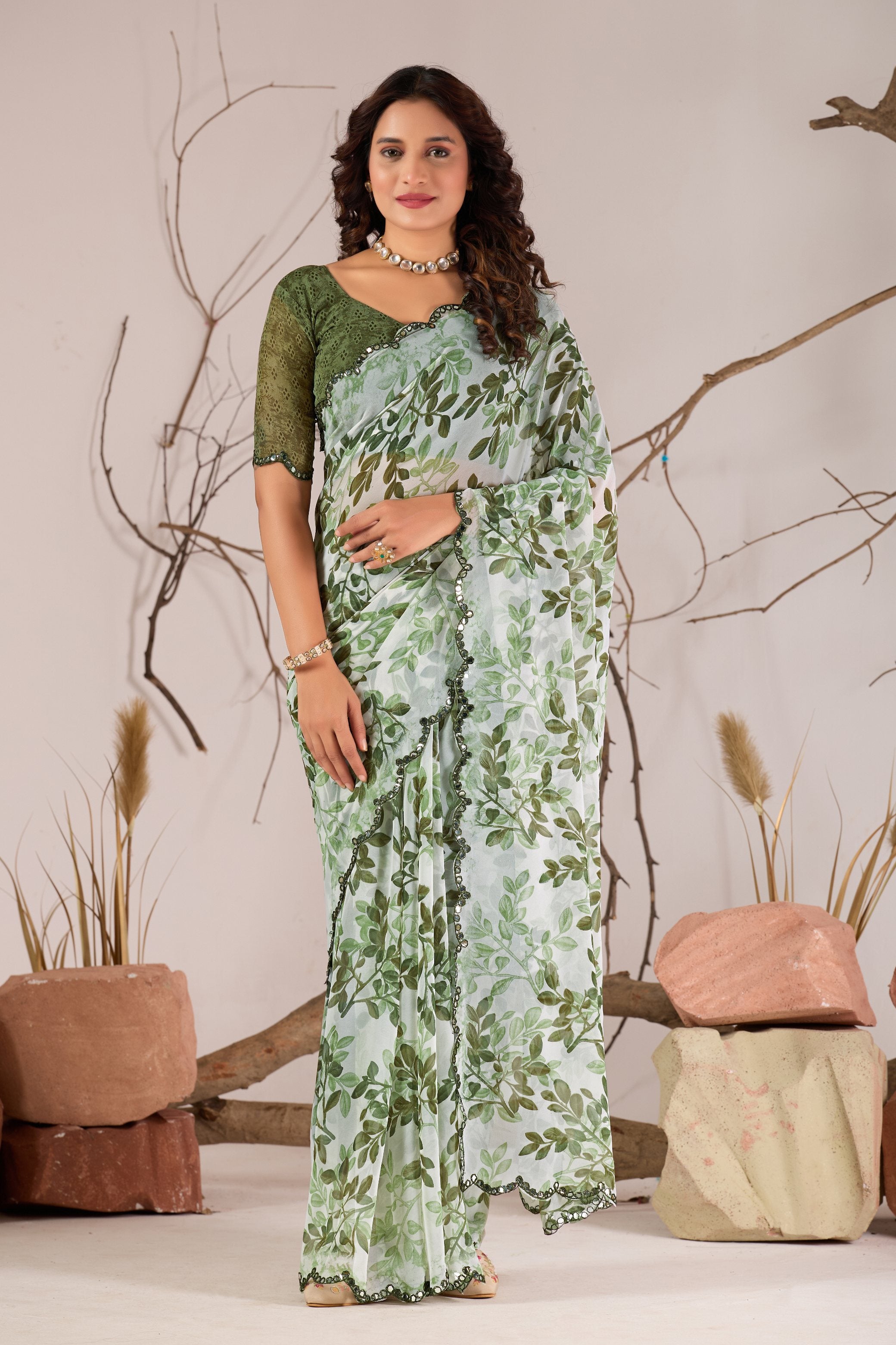 Green Georgette Leaf Print With Mirror Cutwork Saree