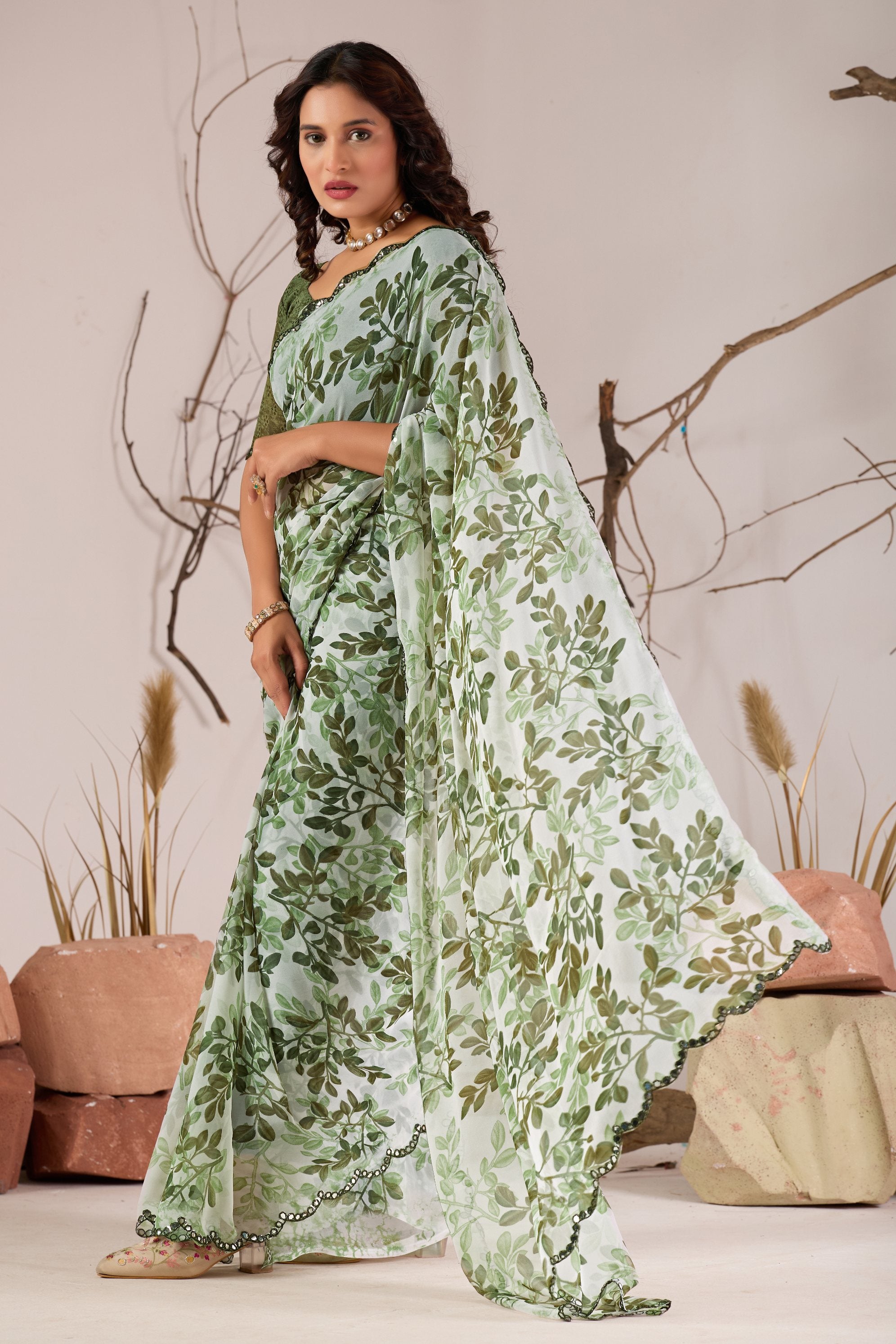 Green Georgette Leaf Print With Mirror Cutwork Saree