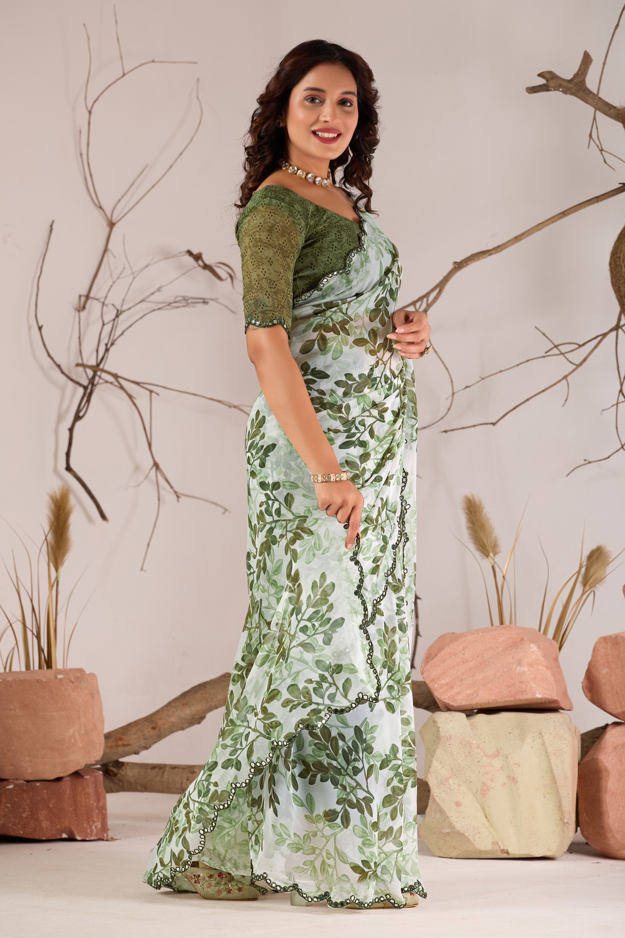 Green Georgette Leaf Print With Mirror Cutwork Saree