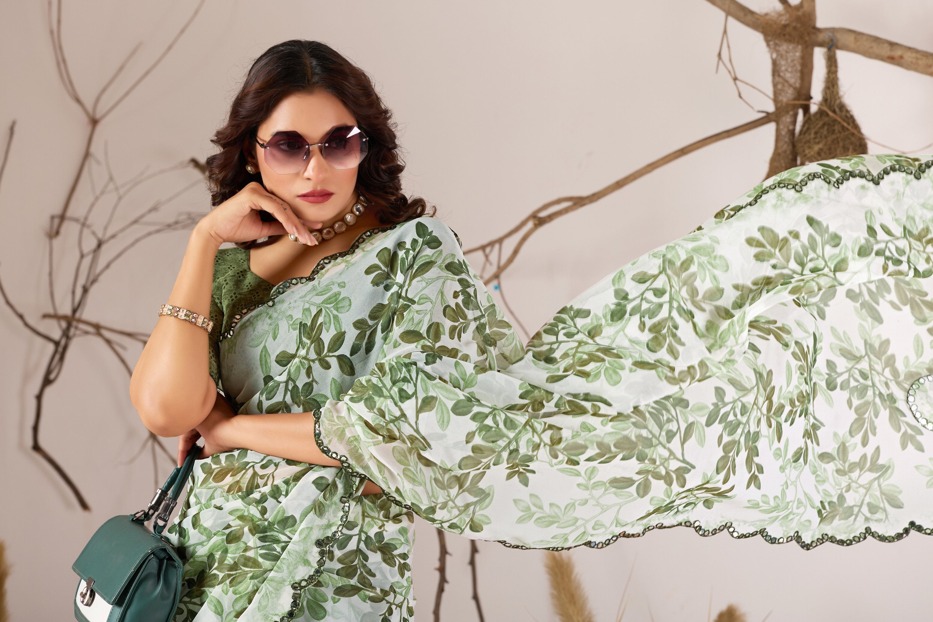 Green Georgette Leaf Print With Mirror Cutwork Saree