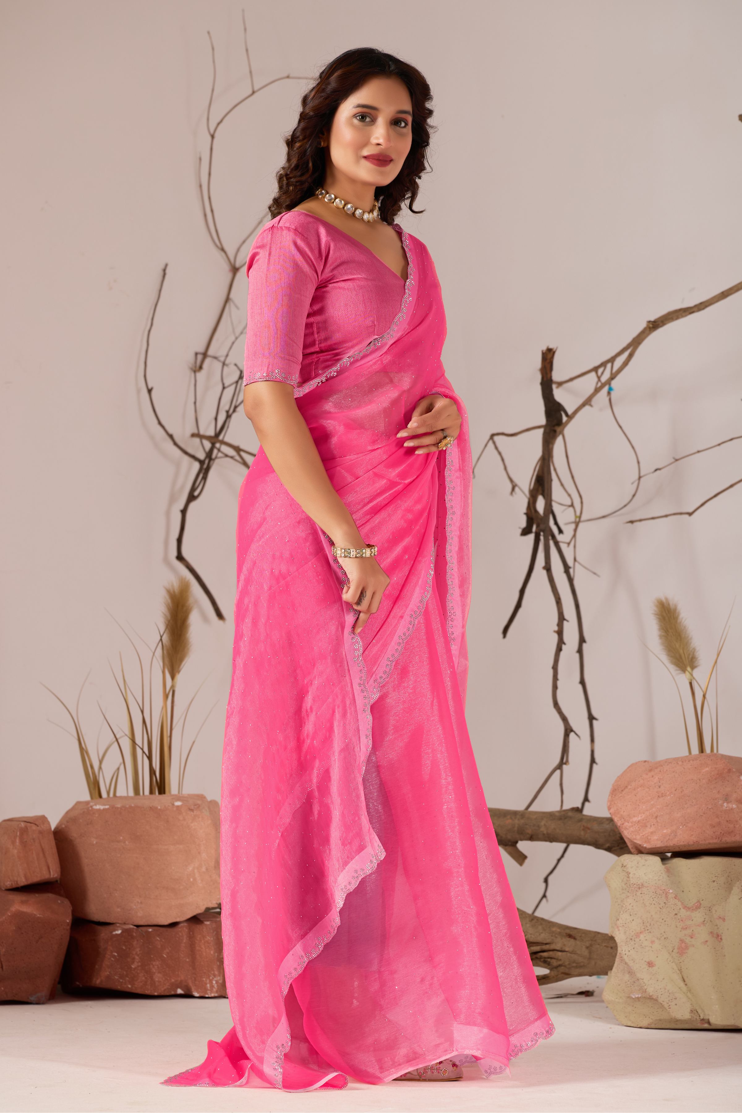 Baby Pink Jimmy Choo Shimmer Designer Saree