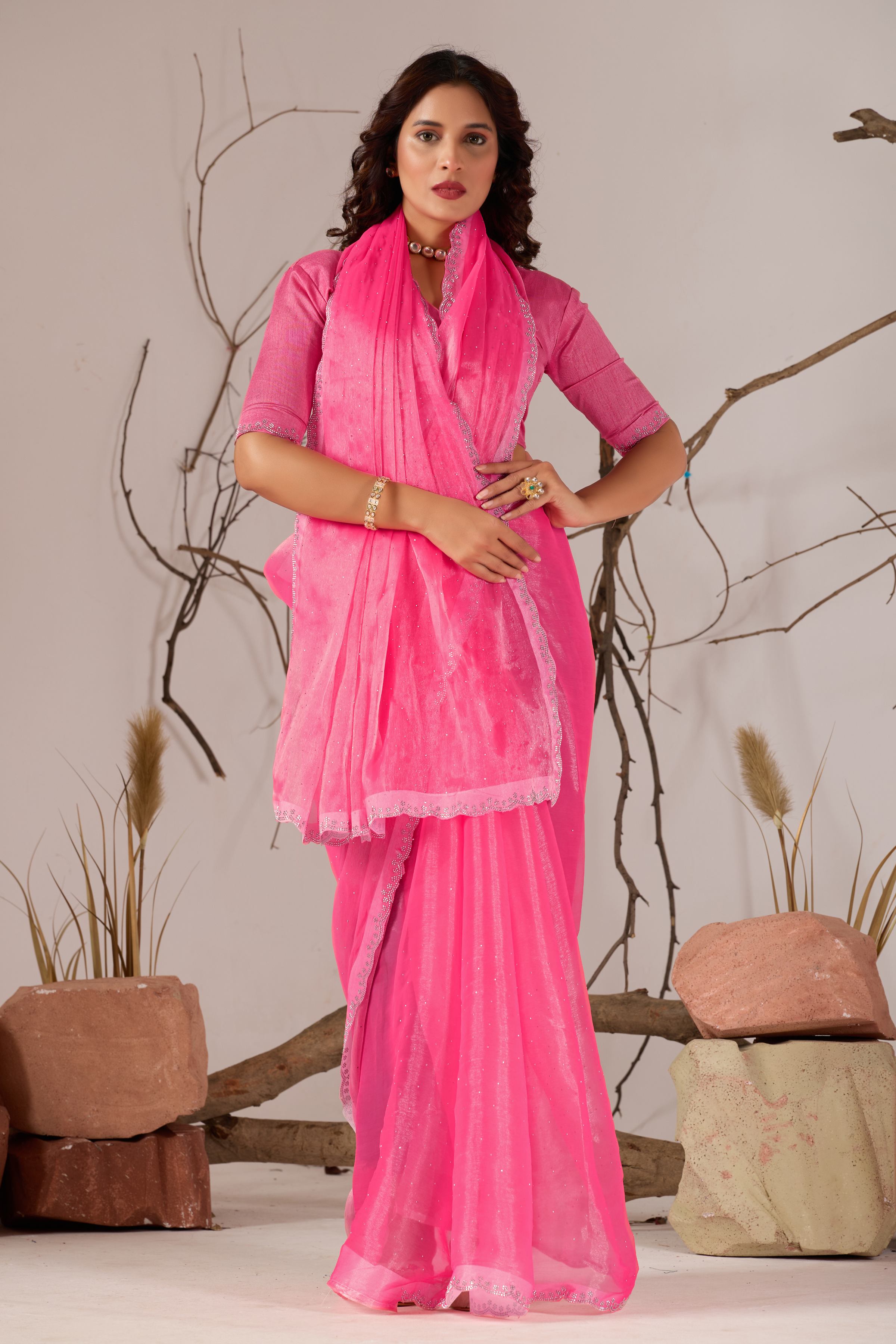 Baby Pink Jimmy Choo Shimmer Designer Saree