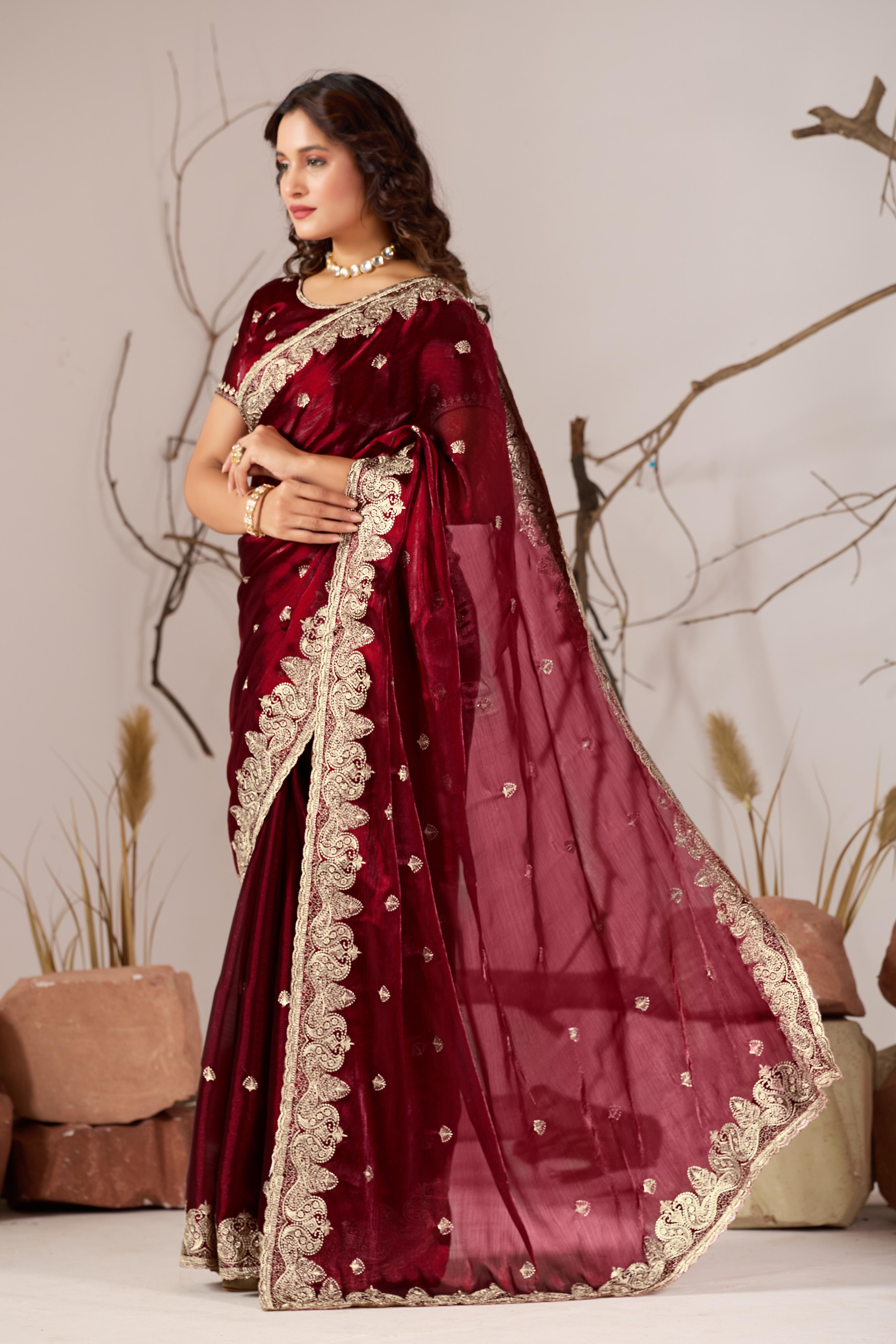 Trending Beautiful Embroidery Work Jimmy ChHoo Saree With Attractive Blouse Piece