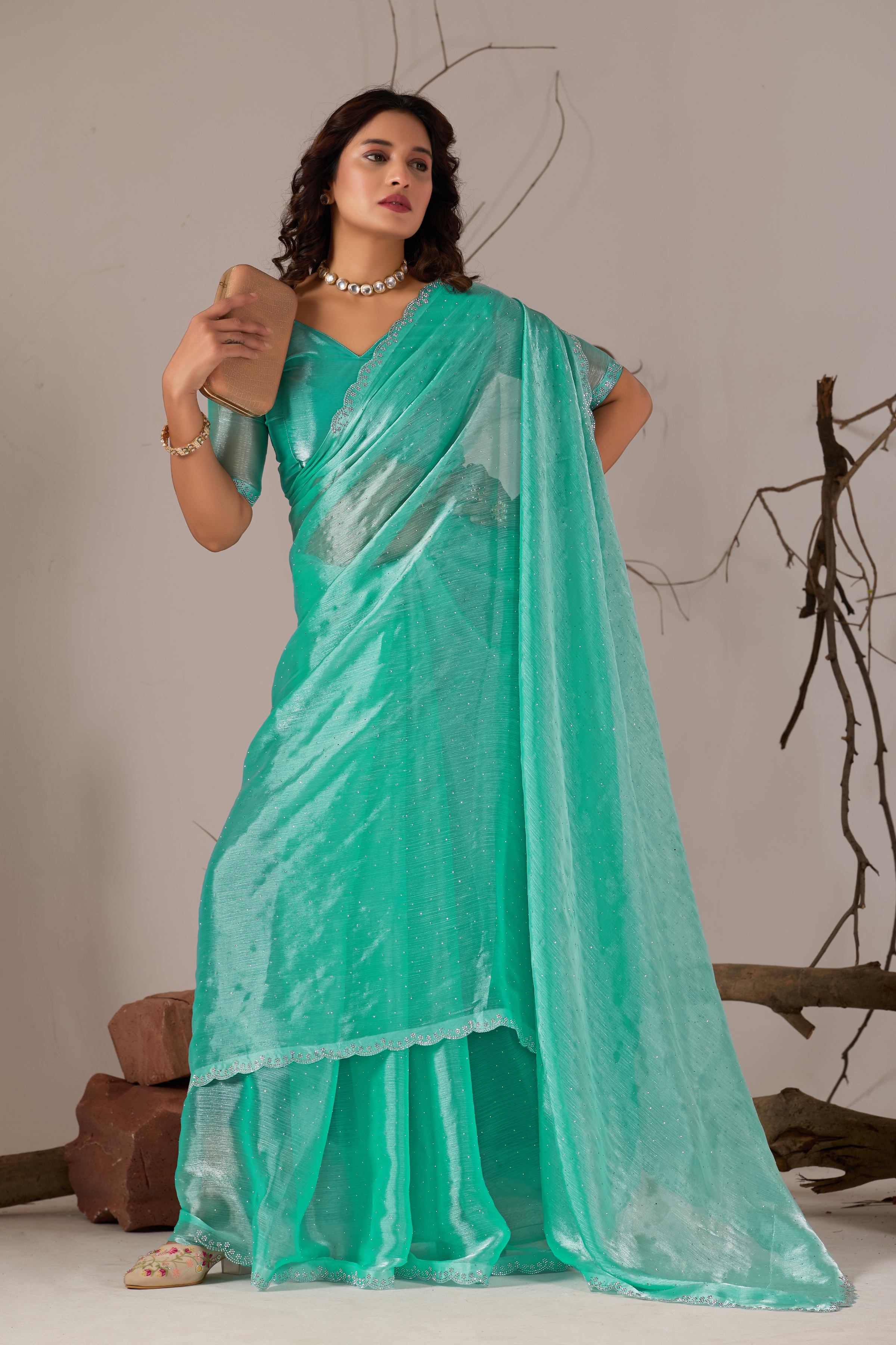 Sea Green Jimmy Choo Shimmer Designer Saree