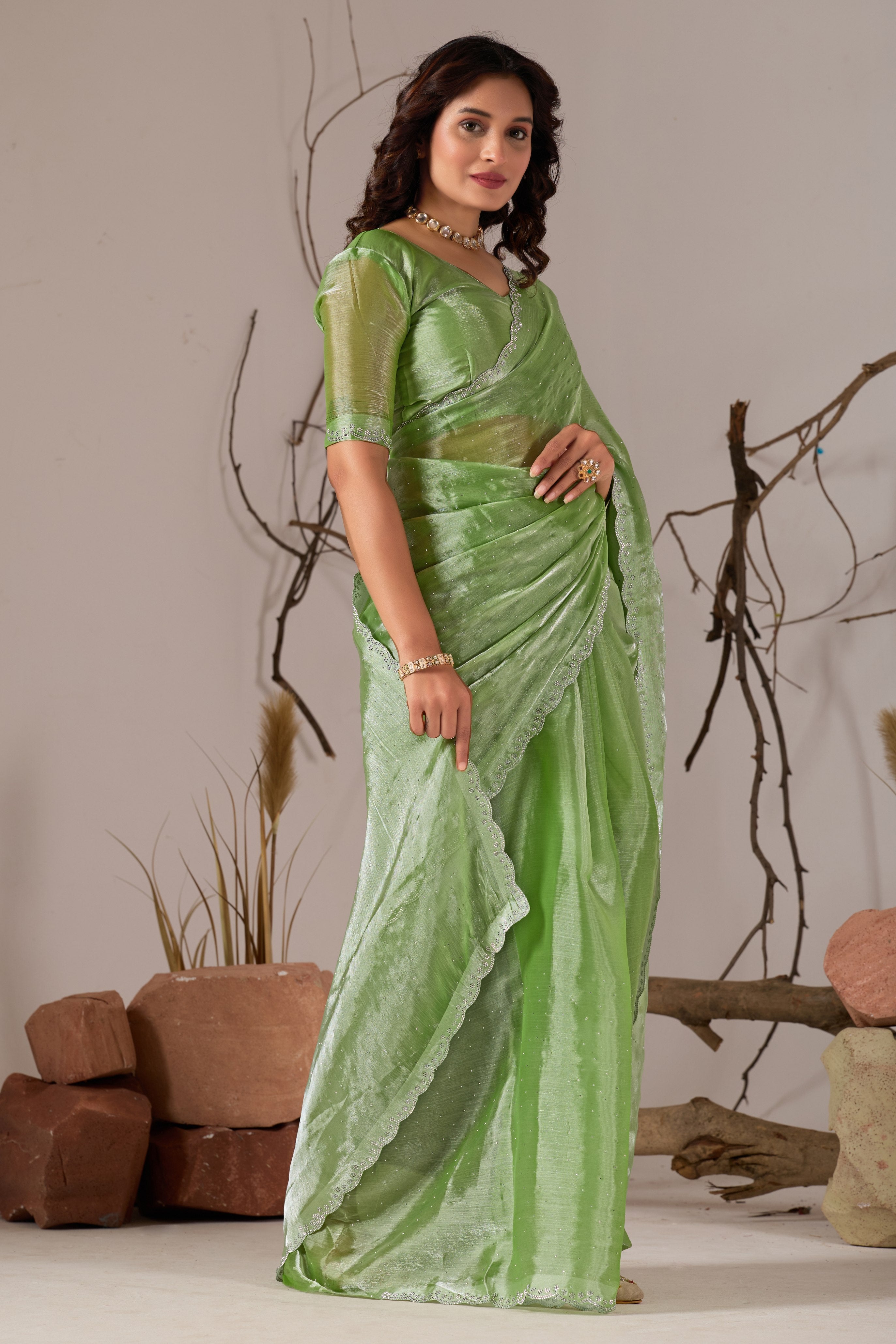 Trending Beautiful Diamond Work Jimmy ChHoo Saree With Attractive Blouse Piece