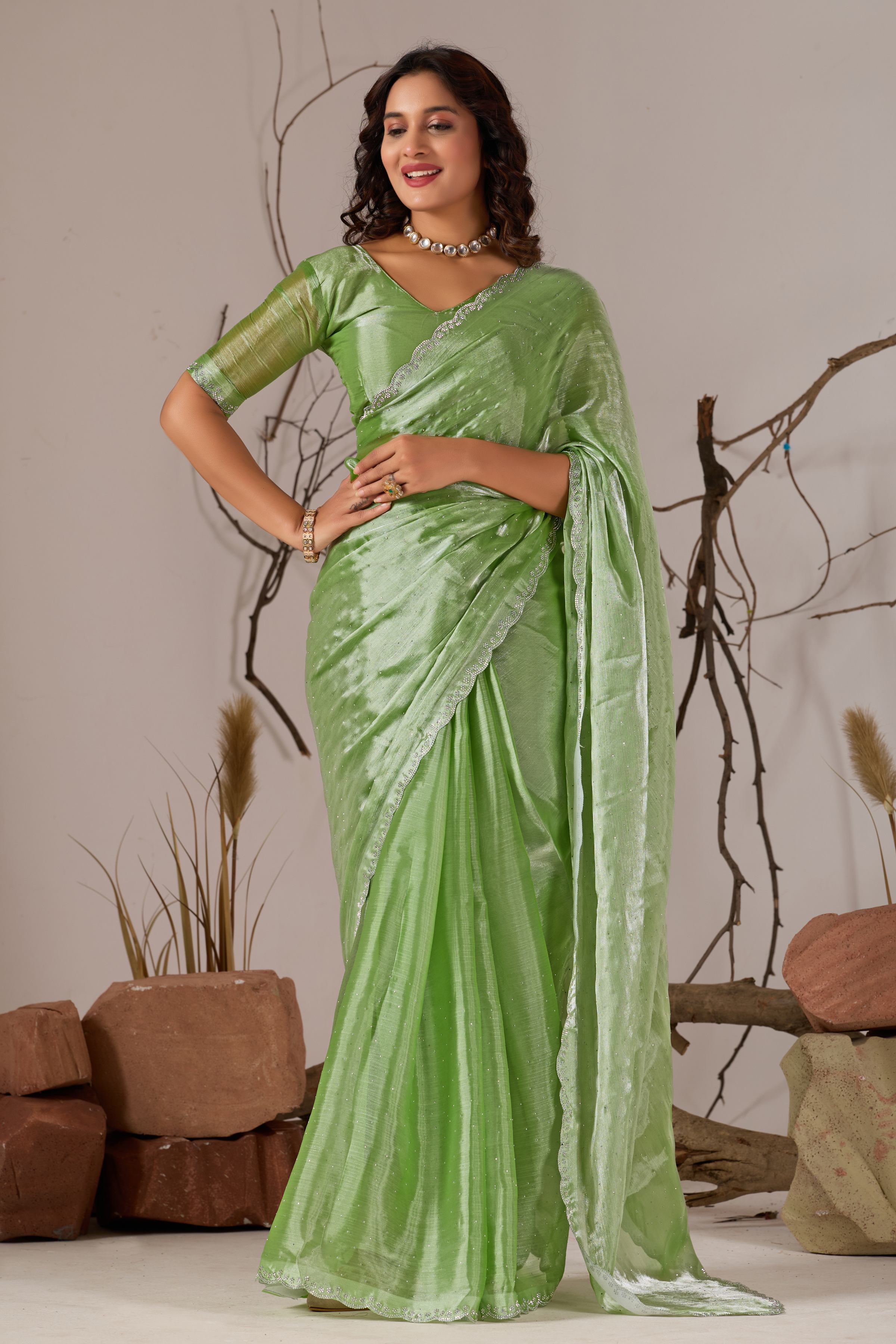 Pista Green Jimmy Choo Shimmer Designer Saree