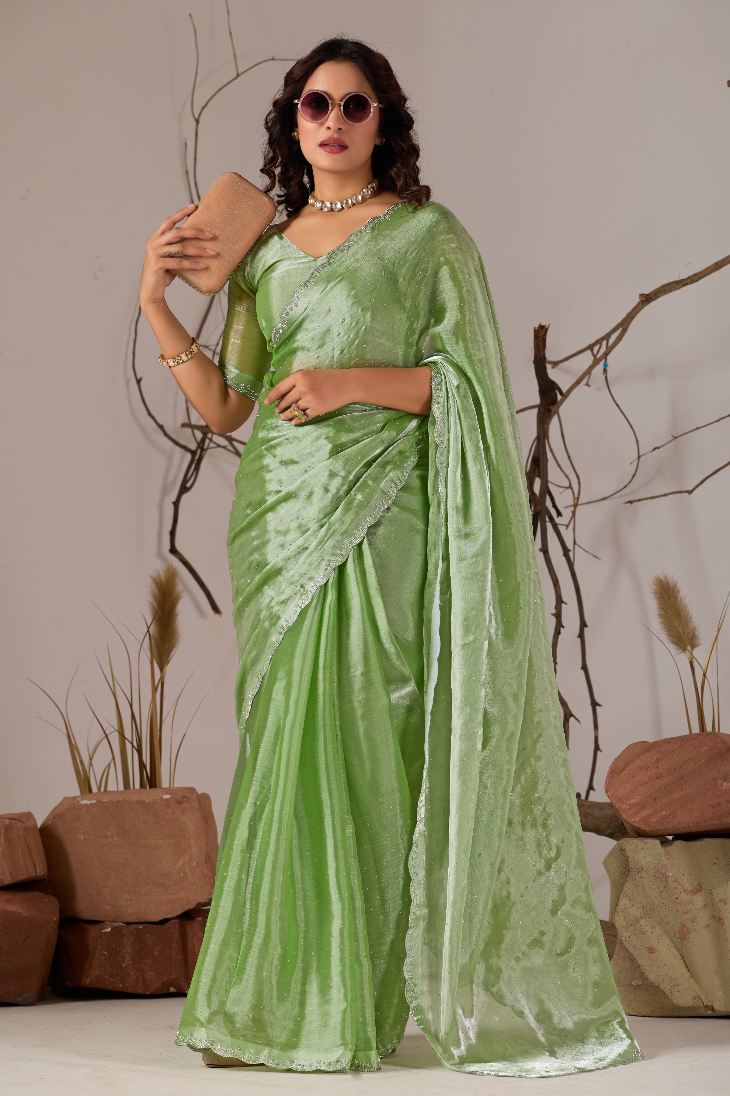Pista Green Jimmy Choo Shimmer Designer Saree