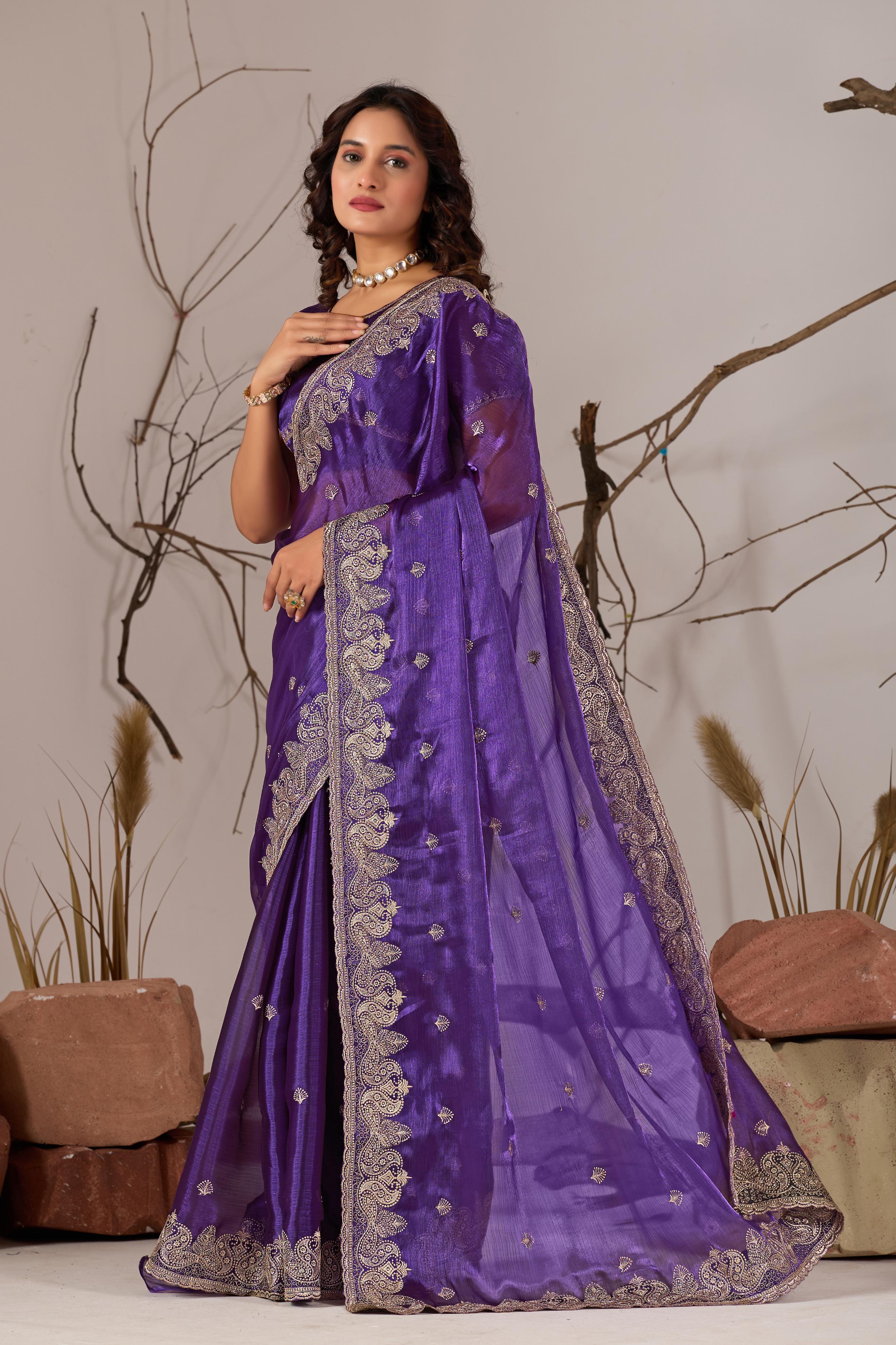 Trending Beautiful Embroidery Work Jimmy ChHoo Saree With Attractive Blouse Piece