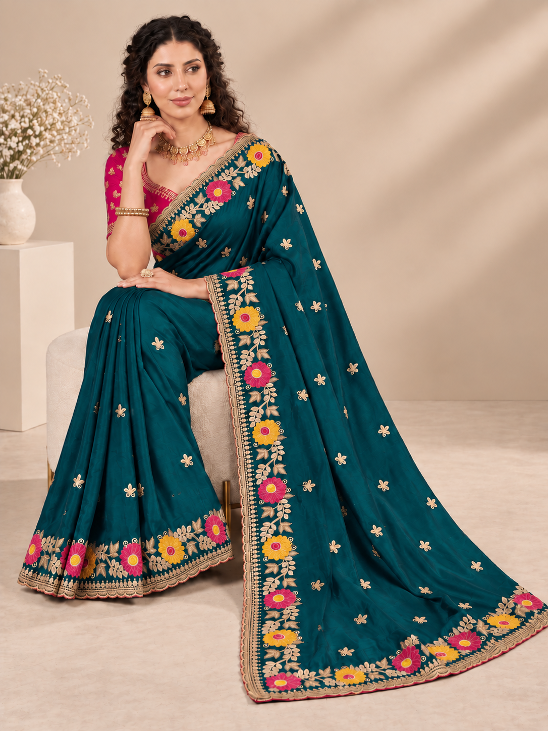 Designer Teal Floral Embroidered Saree with Fancy Border Work