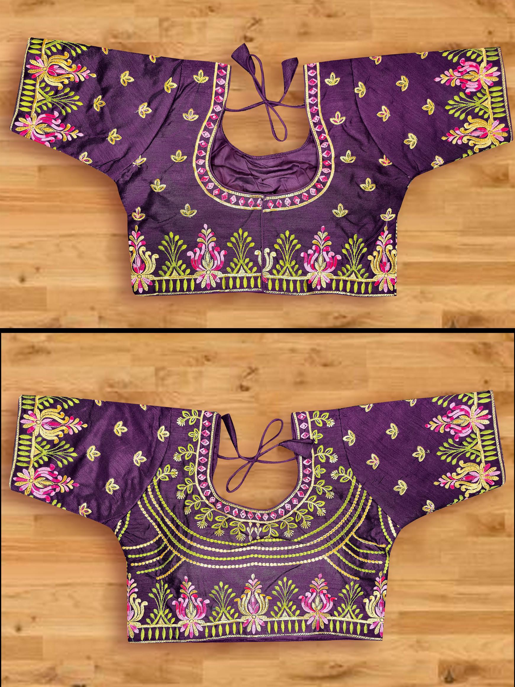 Purple Georgette with Floral Embroidery Lace Border Saree