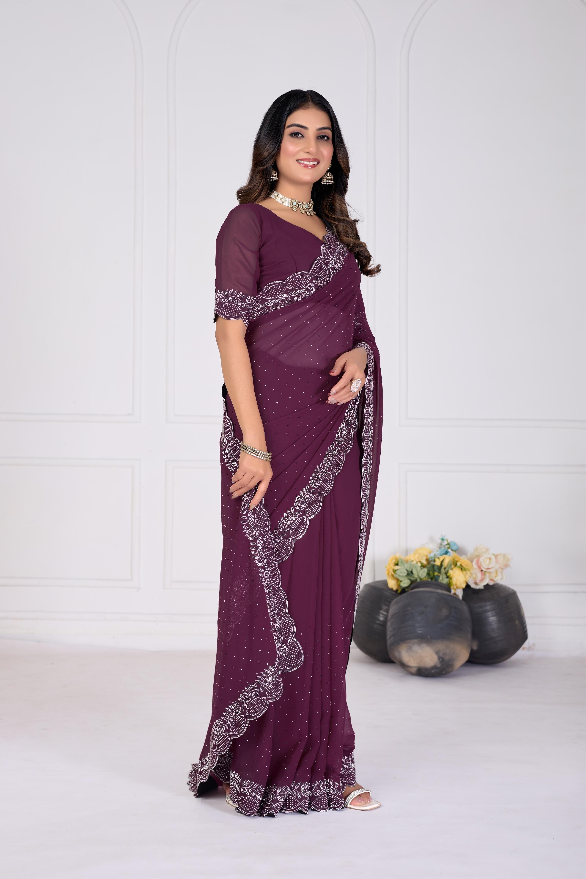 Wine Diamond Work Georgette Designer Saree