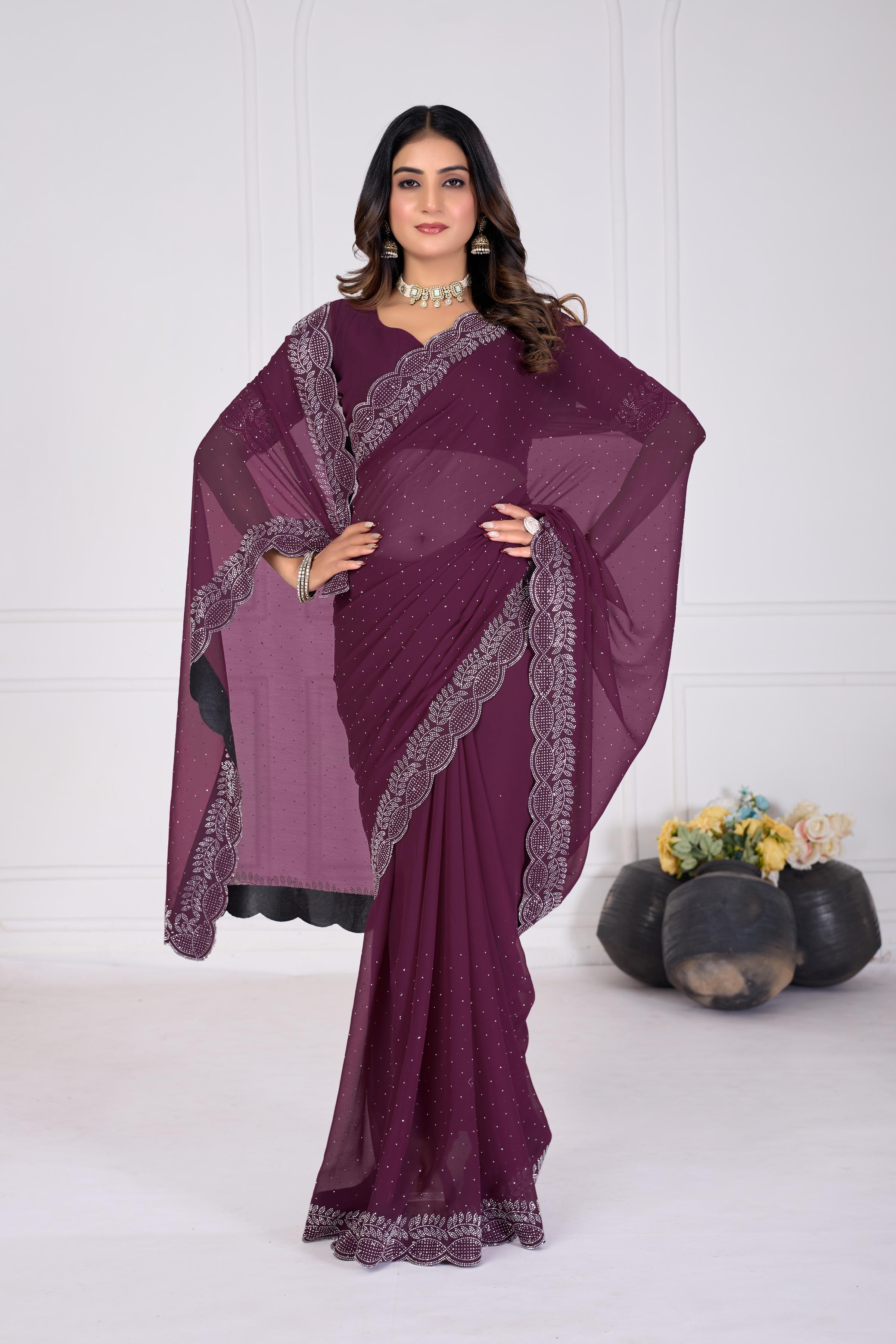 Wine Diamond Work Georgette Designer Saree