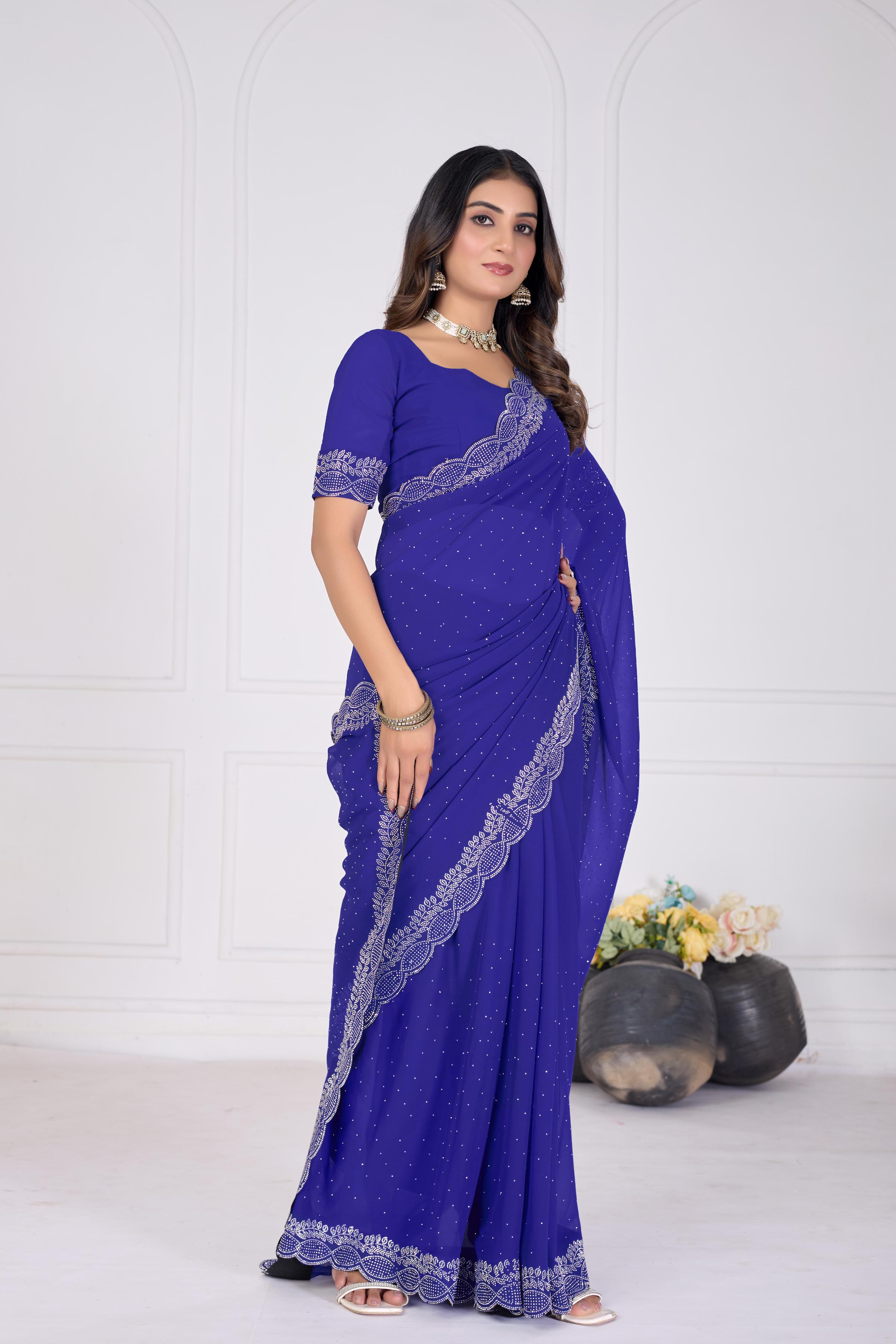Royal Blue Diamond Work Georgette Designer Saree