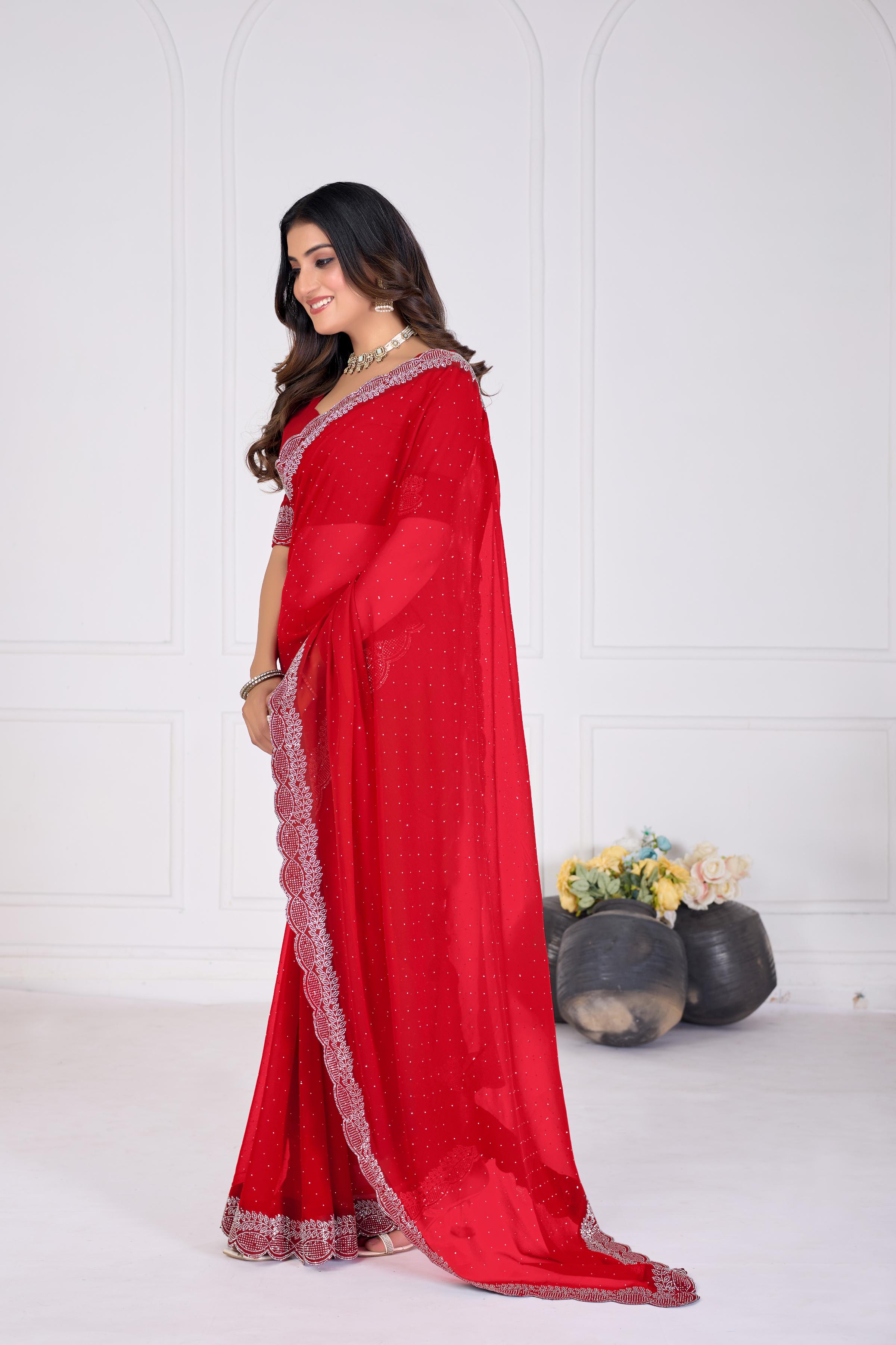 Red Diamond Work Georgette Designer Saree