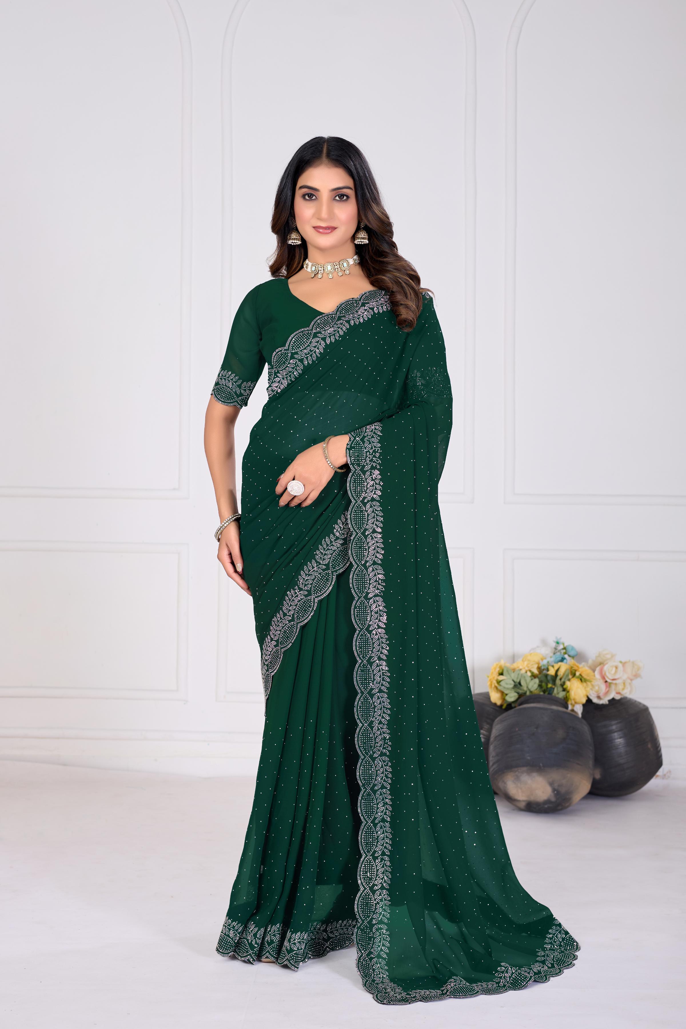 Bottle Green Diamond Work Georgette Designer Saree