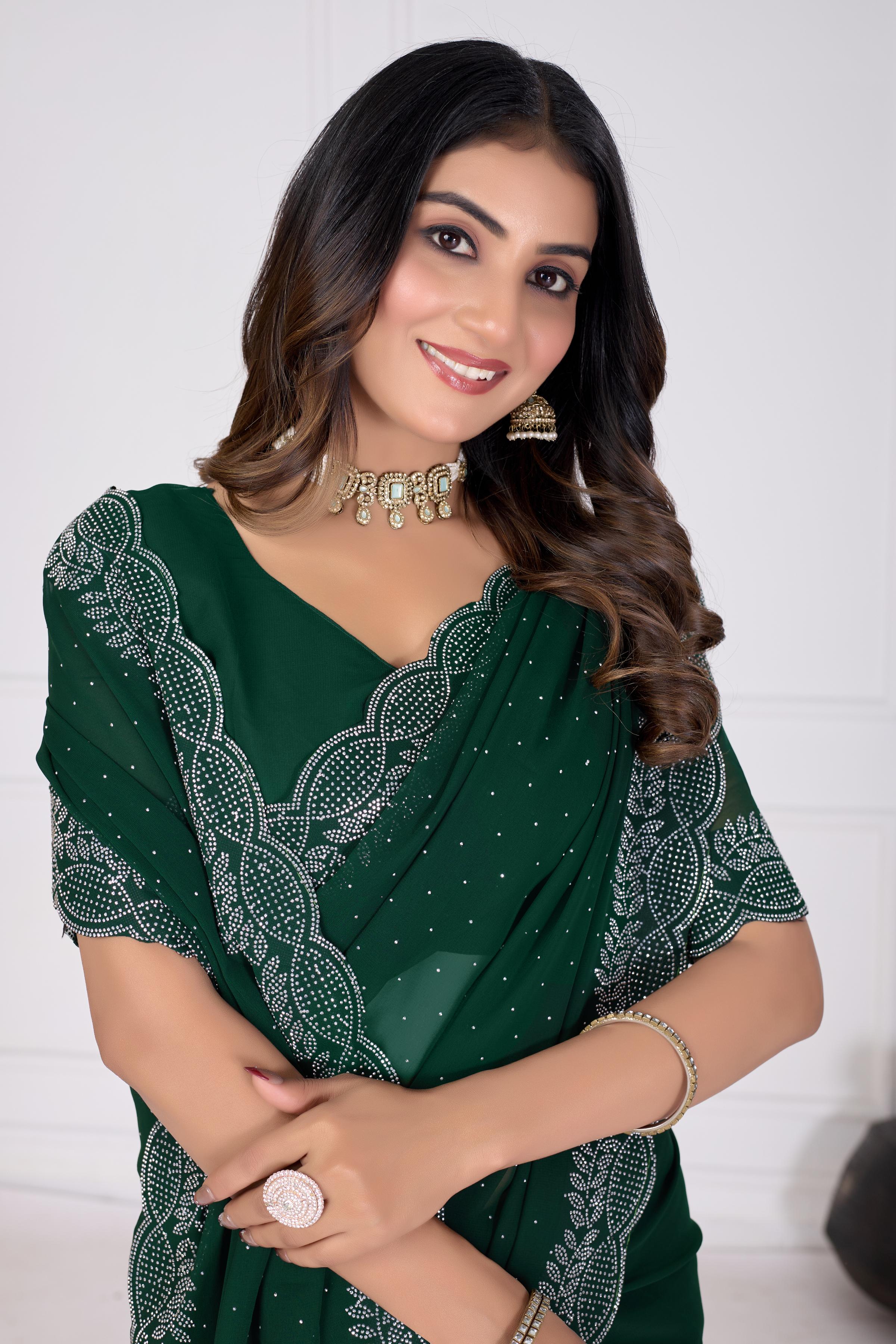 Bottle Green Diamond Work Georgette Designer Saree