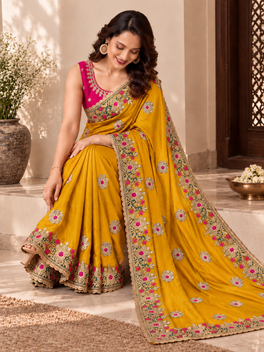 Designer Yellow Saree with Floral Embroidery and Zari Work