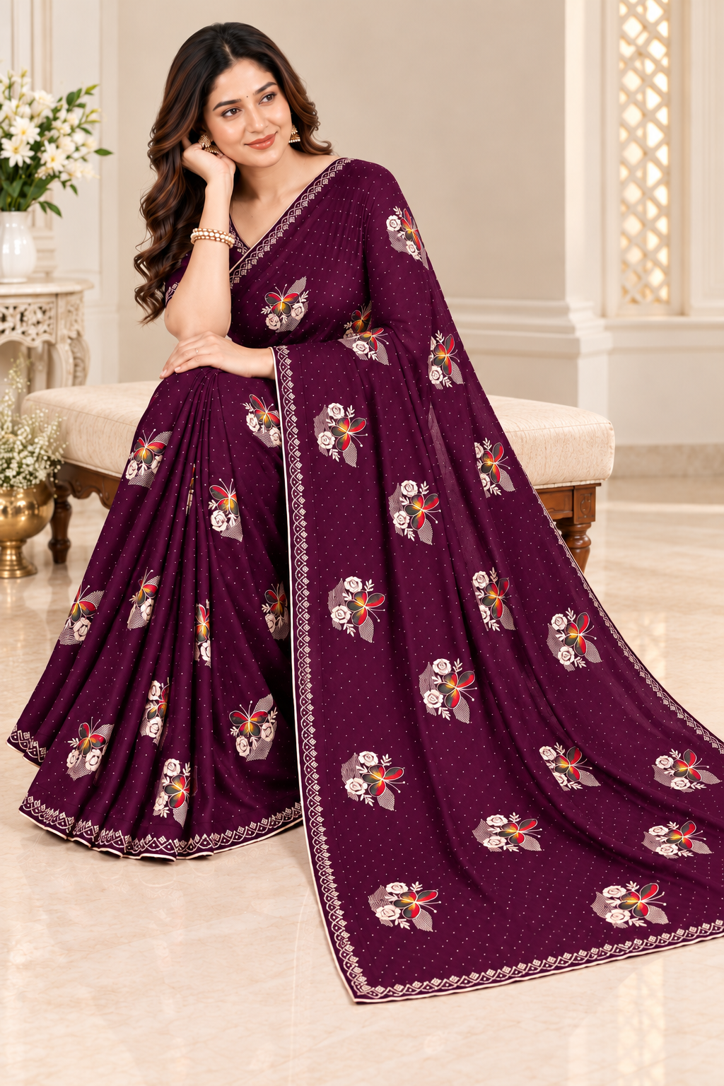 Purple Jimmy Choo Saree with Multicolor Floral Embroidery & Stone Work Lace Border