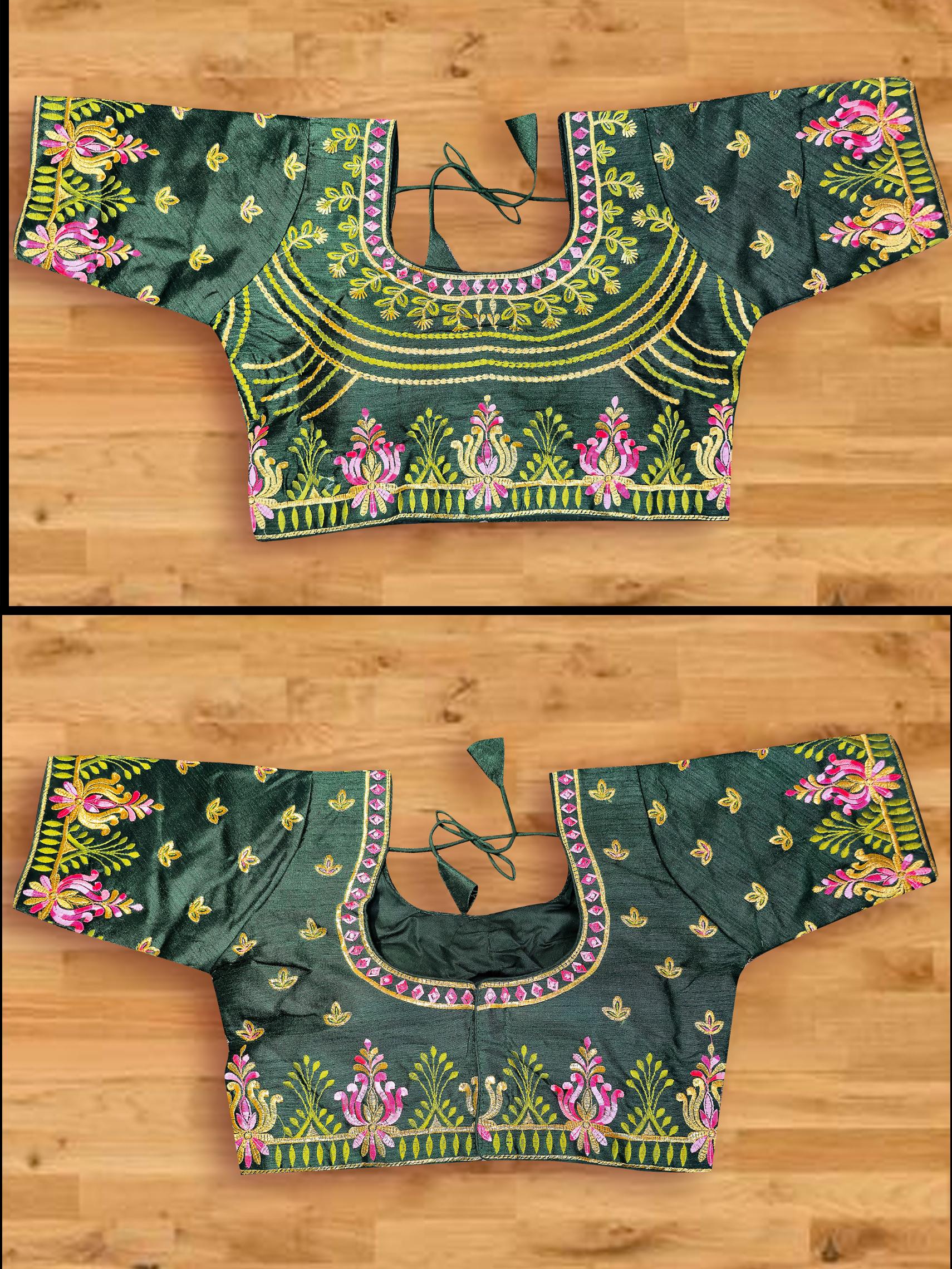 Green Georgette with Floral Embroidery Lace Border Saree