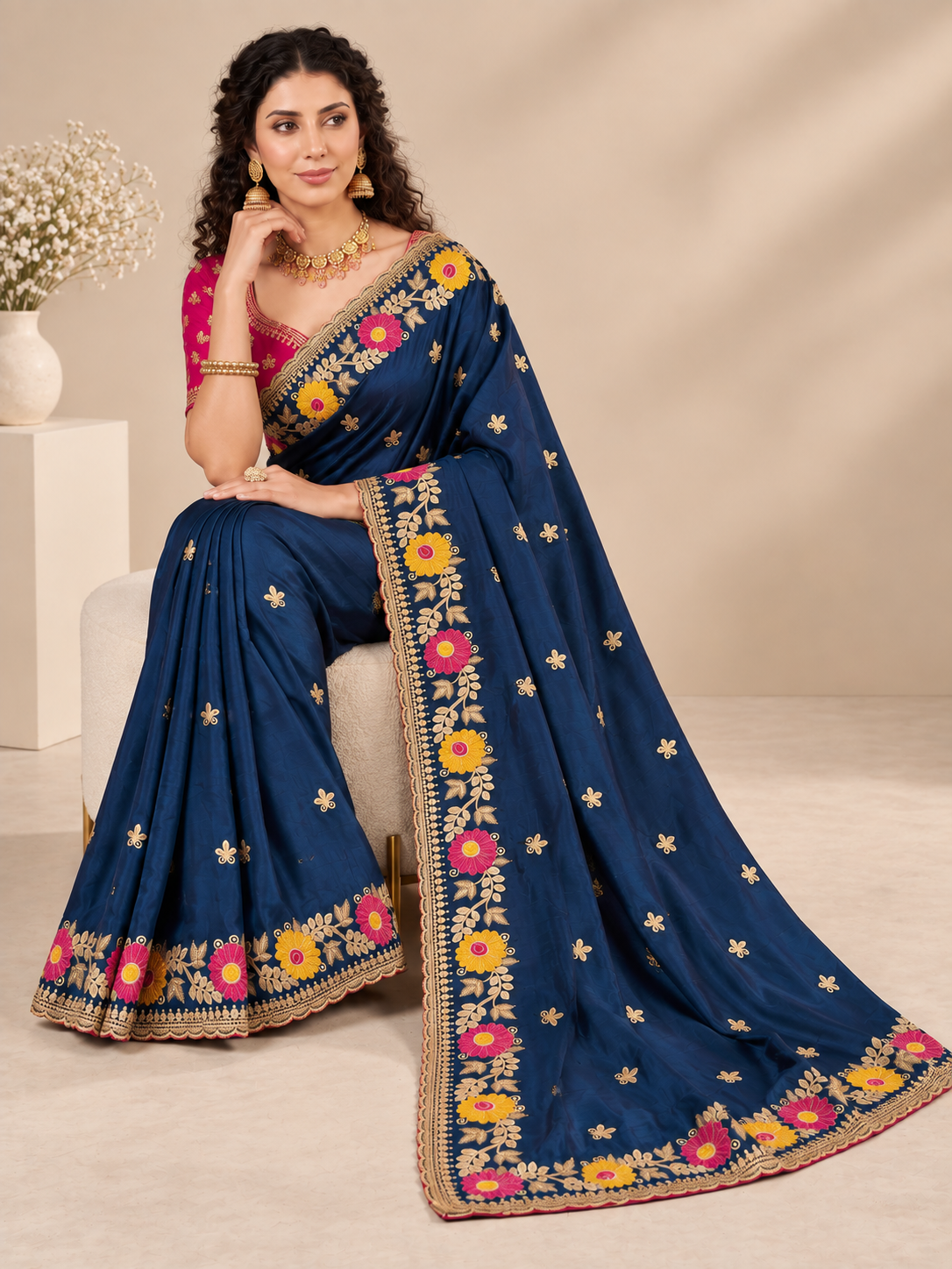 Designer Navy Blue Floral Embroidered Saree with Fancy Border Work