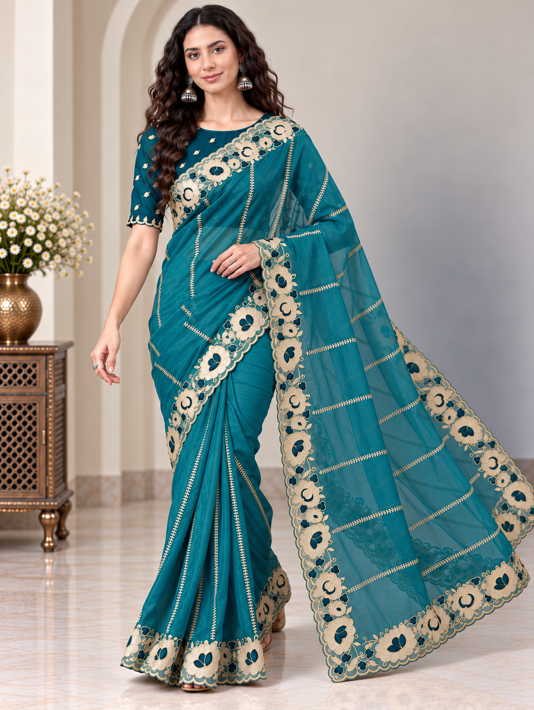 Zegoom Teal Satin Silk Saree with Floral Embroidery & Scalloped Border