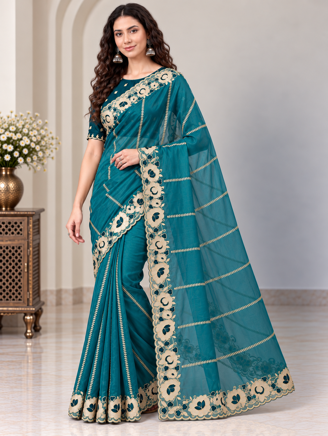 Zegoom Teal Satin Silk Saree with Floral Embroidery & Scalloped Border