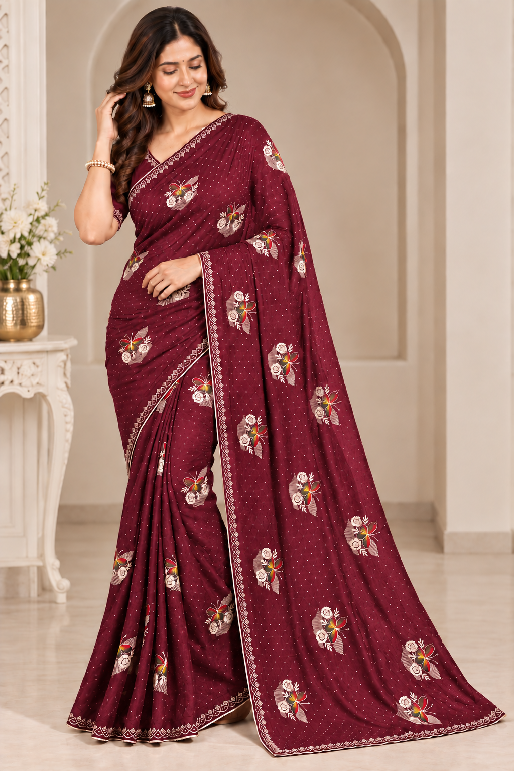 Designer Maroon Jimmy Choo Saree with Embroidered Floral Motifs and Stone Lace