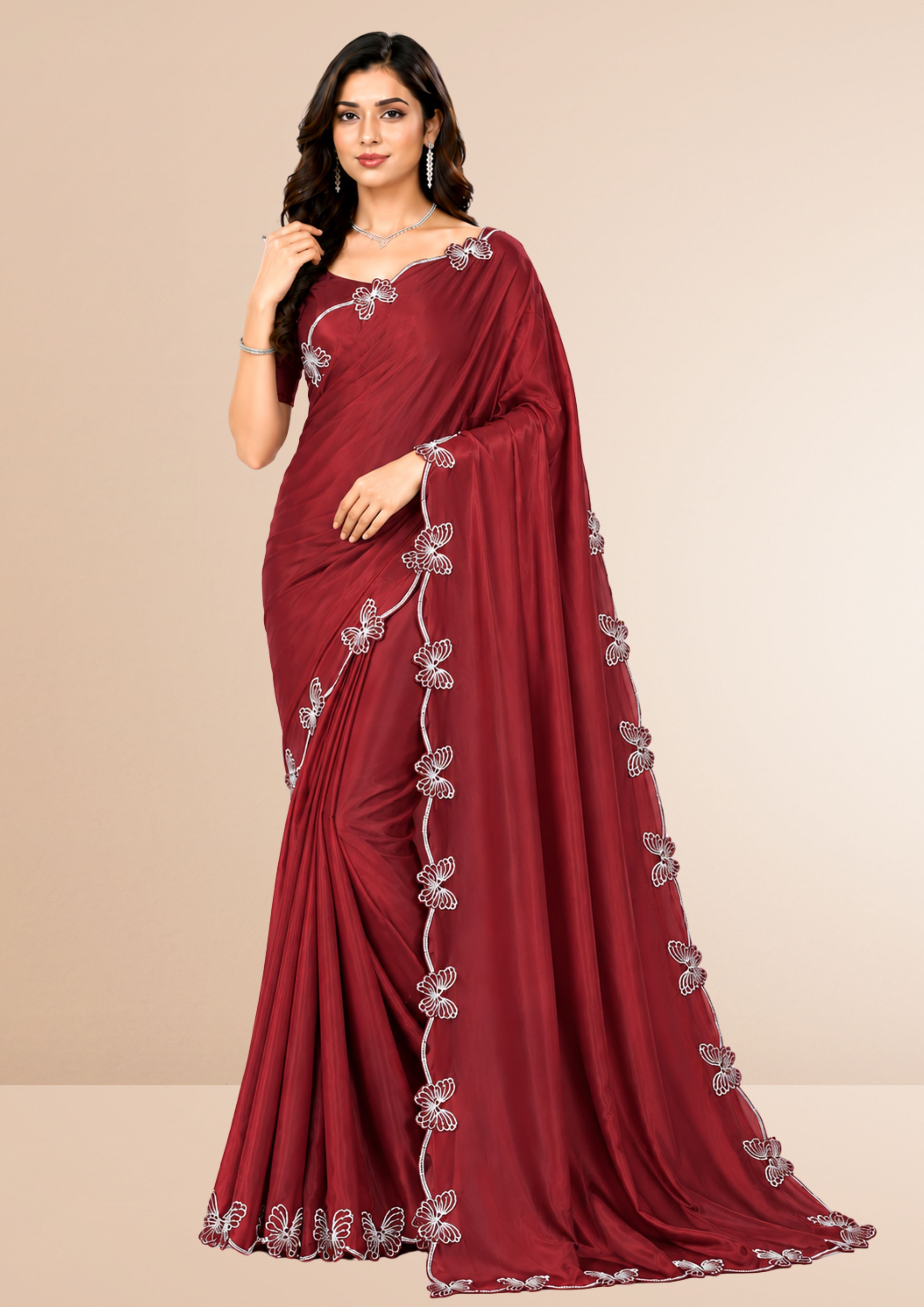 Maroon Butterfly Swarovski Stone Work Saree