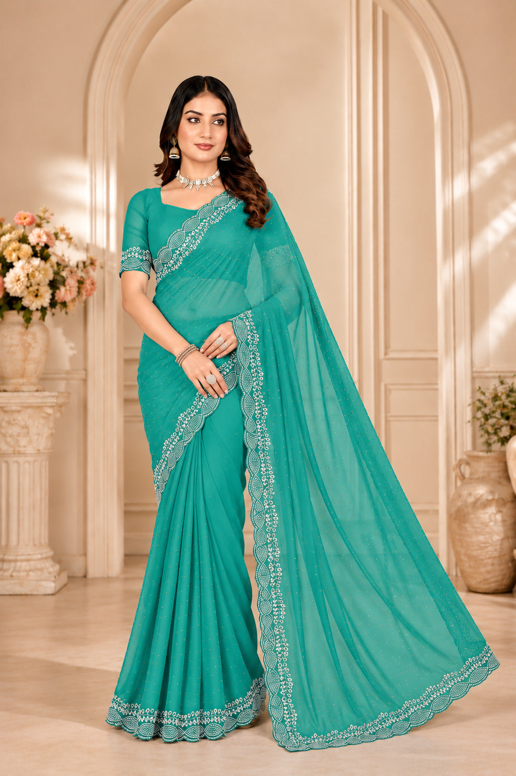 Sea Green Stone Work Georgette Saree with Embroidered Lace Border